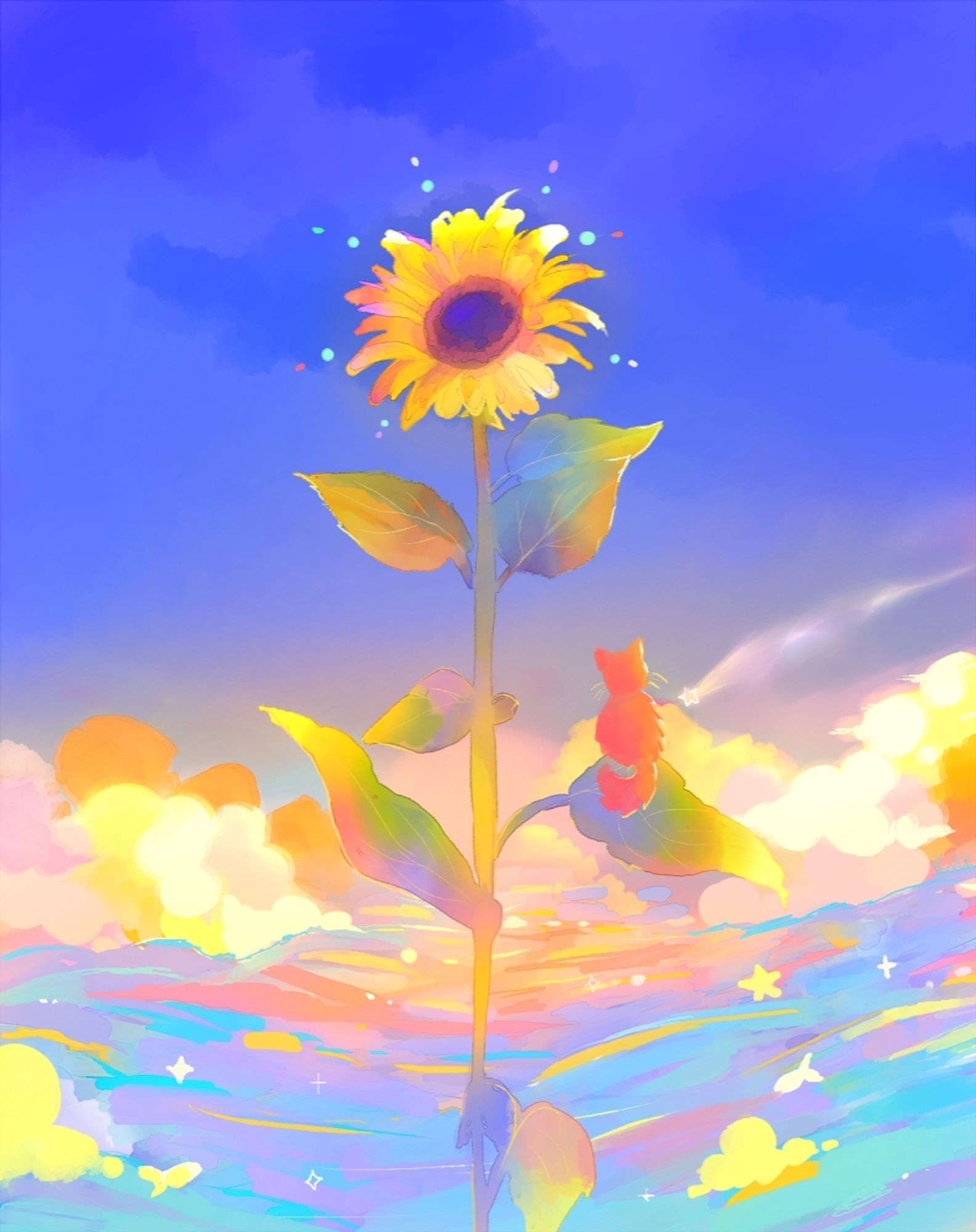 Digital art of a giant sunflower in the middle of a colorful ocean. There is a small orange cat on the sunflower leaf looking at a shooting star.