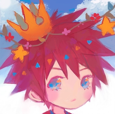 Simple chibi portrait of Sora from Kingdom Hearts. Background is a simple blue sky. Sora has a crown on his head, flowers and star shape fruits around.