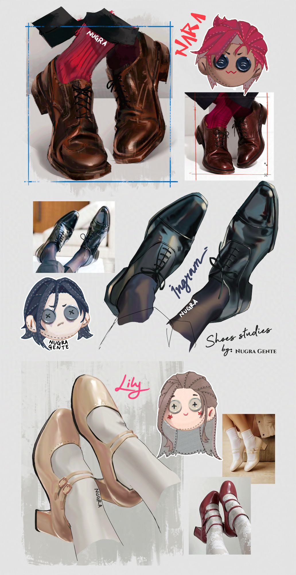 studies of painting shoes by Nugra Gente, applied to the OC we (Nugra & Noah) have! - Nara, Ingram, & Lily.