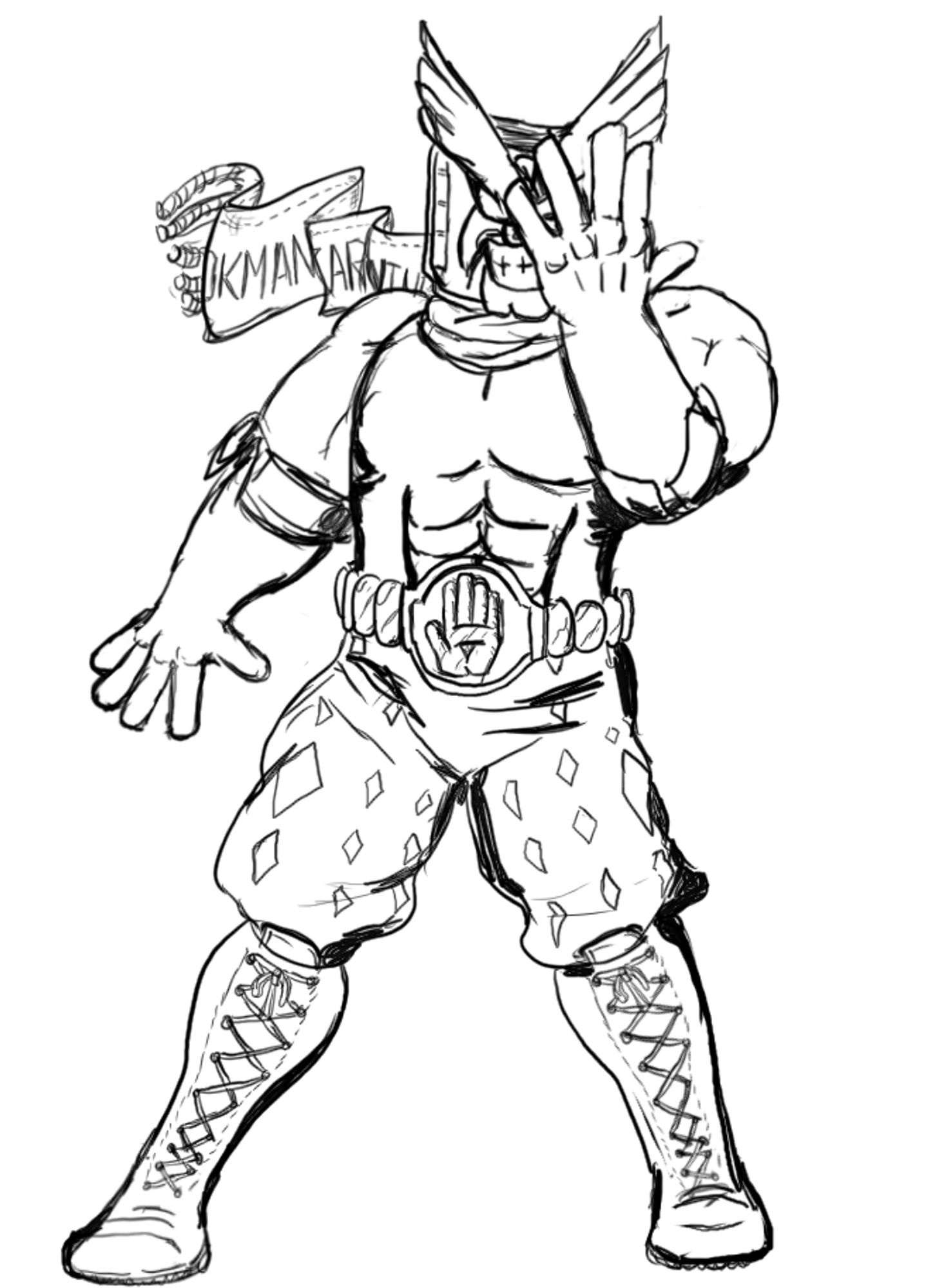 The interdimensional wrestling hero Bookman G. Bookman posing like Jonathan Joestar with a hand covering part of his face!