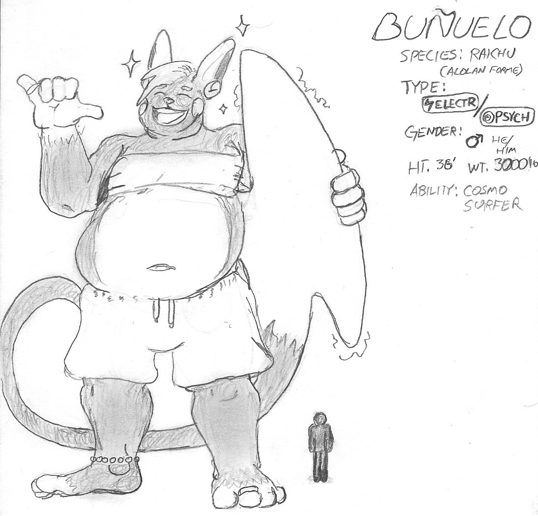 Bunuelo the Alolan Raichu, Sabado's herald, standing welcomingly next to the silhouette of an average person, they coming up to about his knee. He wears a bead anklet around his right foot, and a toe ring on his second left toe. He wears a chest binder which accentuates his round belly, and a pair of blank swim trunks. Bunuelo holds his gigantic surfboard-tail in his left arm, while he tosses up a friendly Shaka hand sign with his right. He sparkles, showing off his status as a Shiny Pokemon!