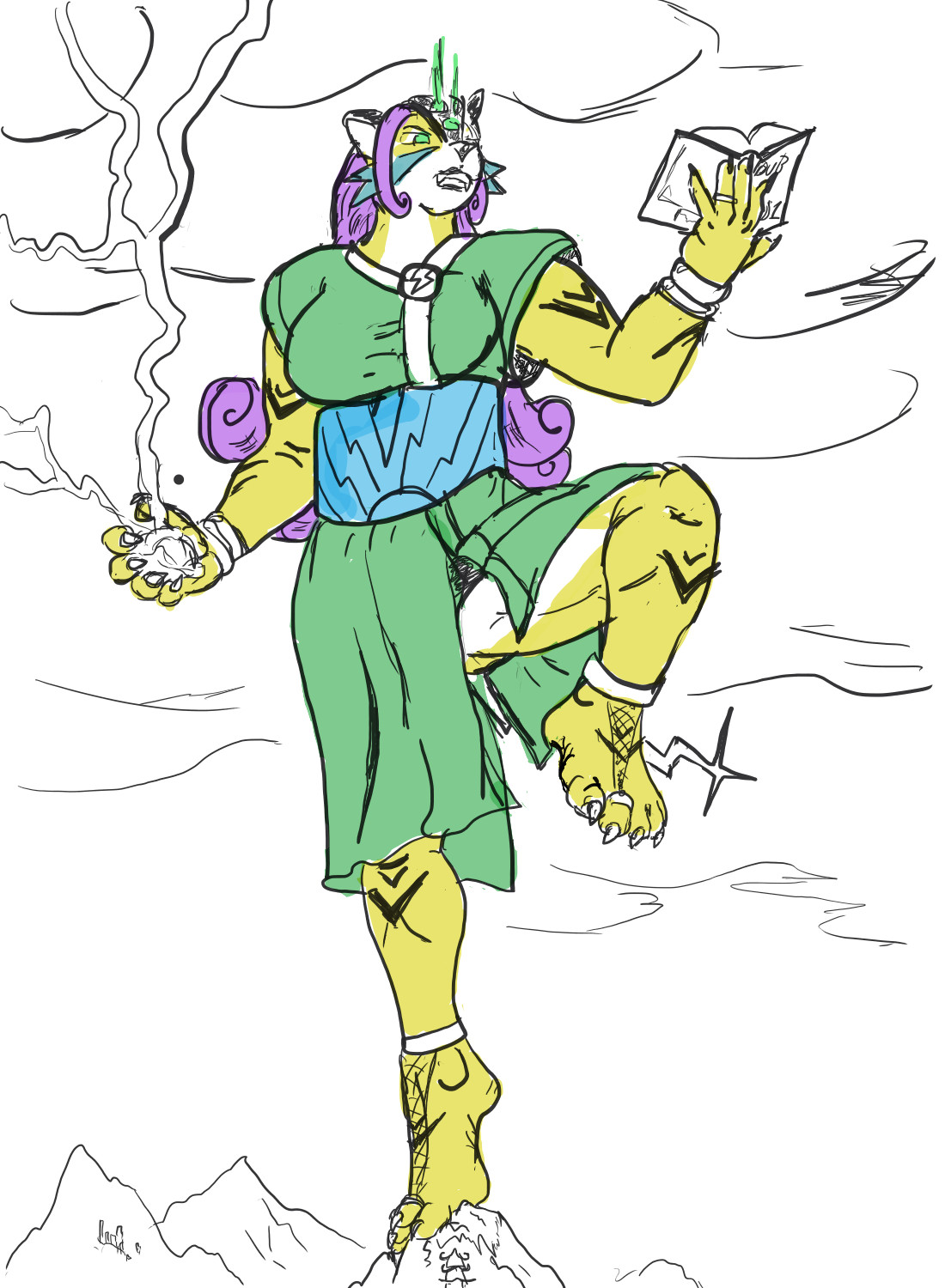 The enormous Raikou Goddess of Lightning, Sahitya, standing en pointe atop a mountain as She poses, taking lightning into one of Her hands as easily as She reads a book with the other. She wears a short robe with a lightning-patterned Obi sash, and rings on Her third fingers and toes.