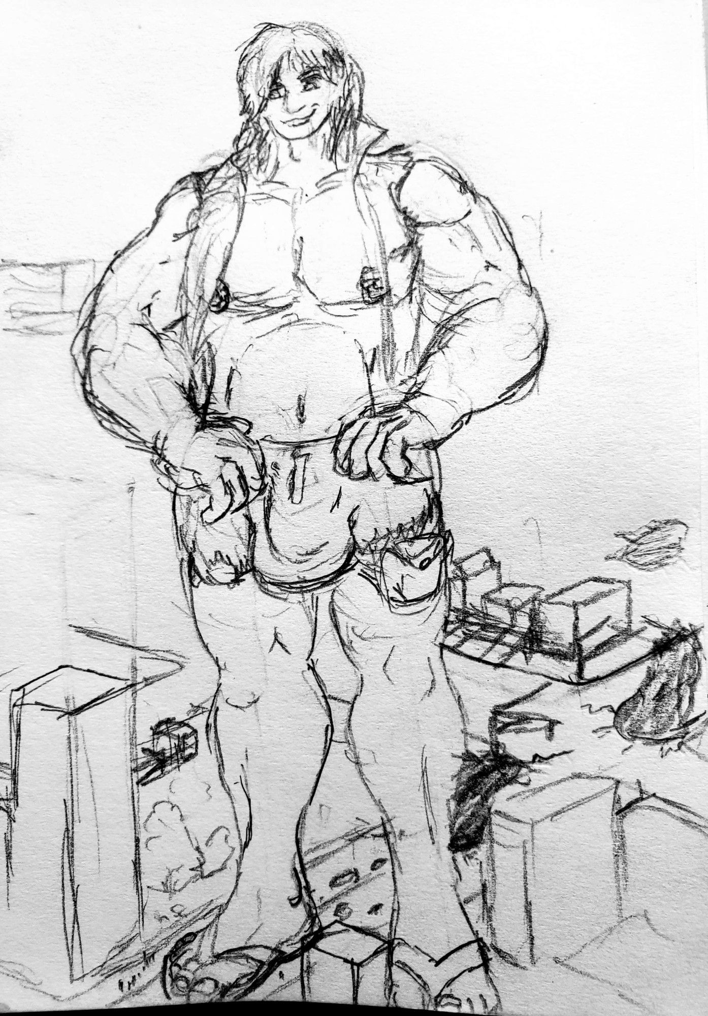 Giant human Eruza Worldshaker standing in an open (and far-too-small) button-down shirt and tight shorts that accentuate His hefty genital bulge, hands on His hips as He surveys a tiny city for cuties to play with...