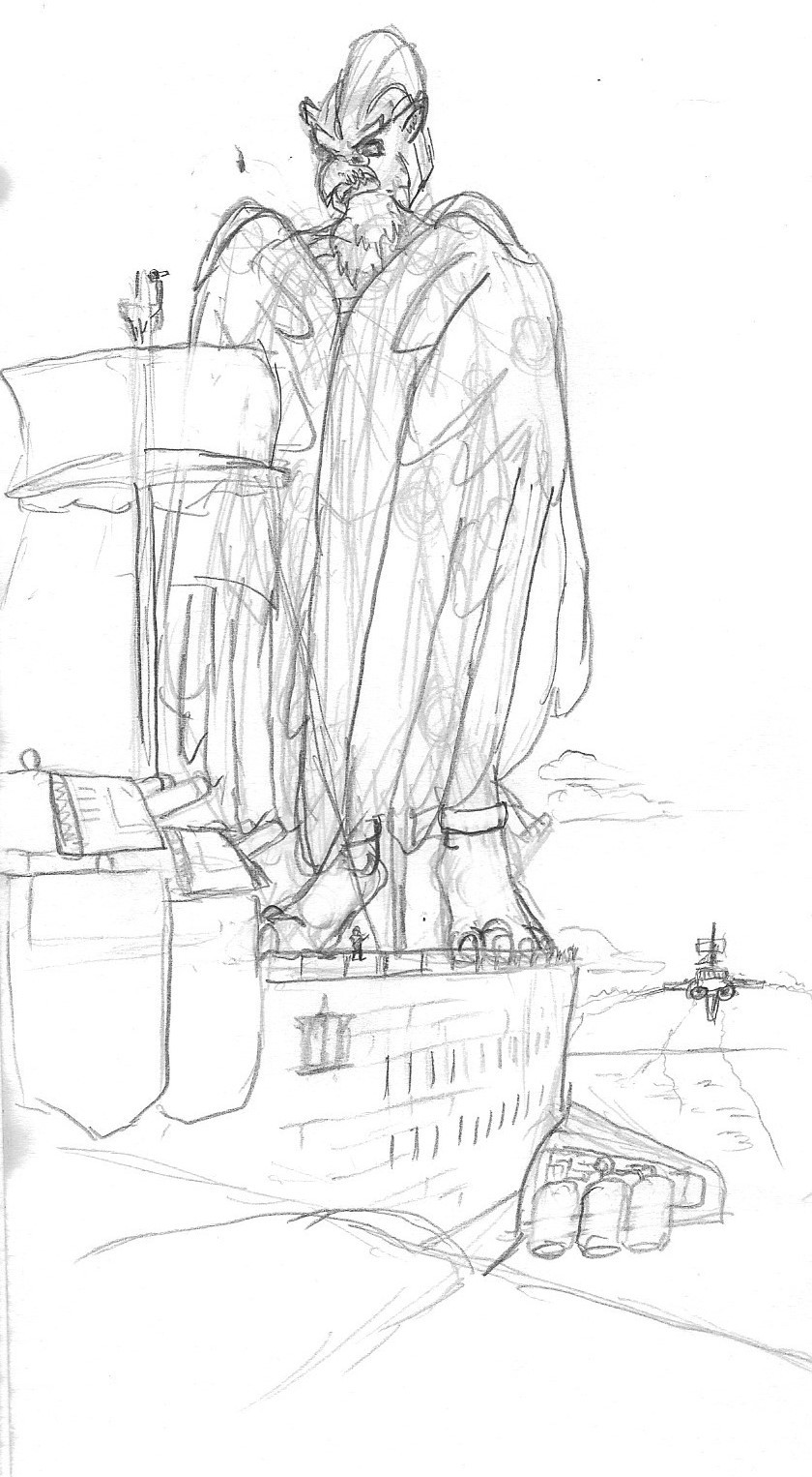 On the deck of a large airship, giant gryphon Colossus and general Dannik sneers down, wings folded over Himself like a cape, at a negotiating official on the deck below at His feet, displeased with a political matter and making His disgust *very* well known.