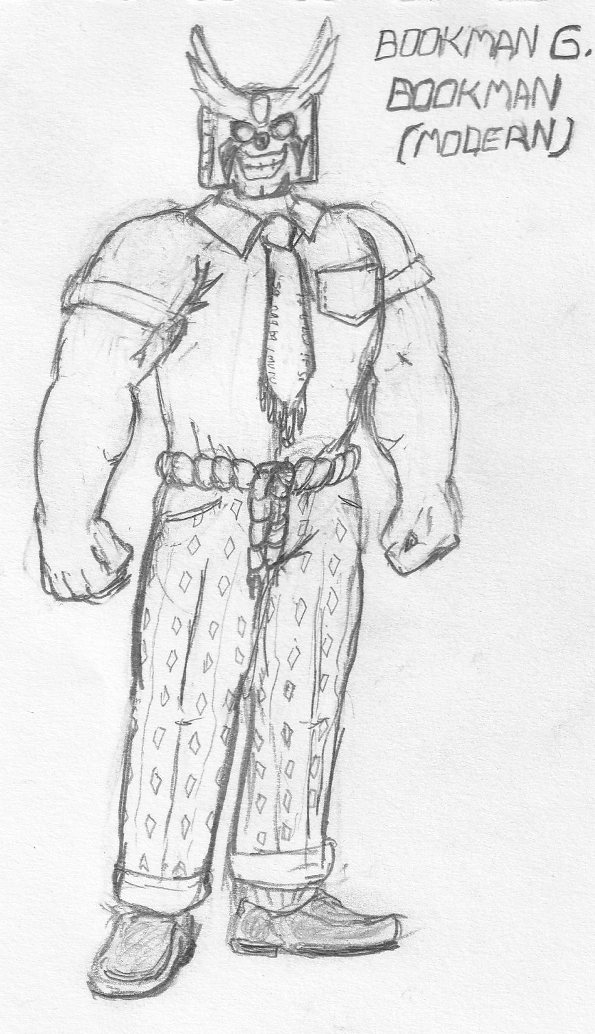 A modern interpretation of Bookman G. Bookman, wearing a snappy dress shirt which his mighty muscles bulge tight, a fringed crimson tie resembling a bookmark, a rope belt, diamond-print slacks, and comfy loafers!