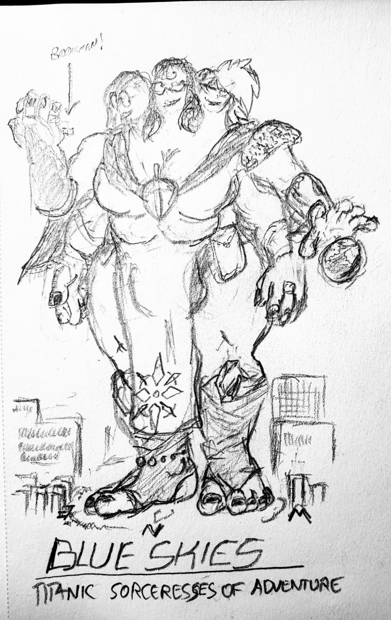 The triple-headed titan Blue Skies in a new sorcerous tabard, short cape, armored soleless foot sleeves, wearing a pauldron and bracer on Challenger's (left) side with a fingerless forearm glove on Discovery's (right) side. The multi-sorceress stands in the midst of a roughly-drawn modern cityscape. Her hefty nethers bulge out her loinclothes, and she boasts an additional pair of breasts.