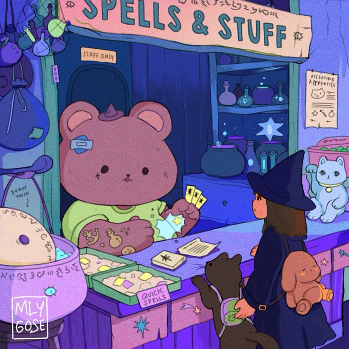 An illustration that shows a young witch with her brown cat companion buying some spells at a Spell Shop manned by a thuggish looking bear covered in tattoo and bandage. The bear is wearing a lime green t-shirt and he looks fluffy. He’s also wearing a too tiny witch hat at the top of his big fluffy head. In the artwork he is currently demonstrating how the spells that he is selling works. He definitely knows his stuff! 