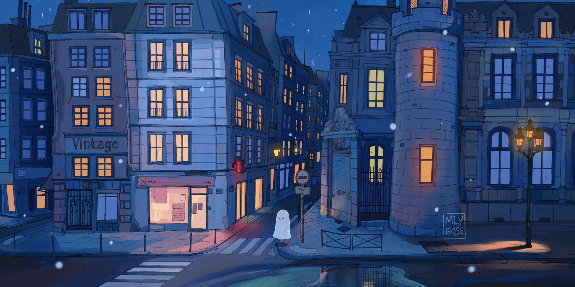 An illustration of a street in Paris. It shows some buildings that are mainly blue in color to show the night time. It is the witching hour and the lights inside those buildings are glowing with a warm ember color. The street is empty except for a lone figure in the middle of the artwork. A… what is that? A… ghost! A transparent figure covered in bedsheet is carefully crossing the street. I wonder where it is going? 