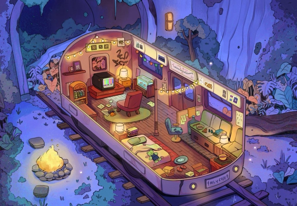 An illustration that shows a repurposed train car. It was placed in an abandoned rail with overgrown greeneries. Outside the train it is night time with cool purple and blue color. But inside the train home the color is mainly orange and brown, it looks warm and it glows invitingly. The home is cluttered with loved items like a frog plushie, old tv, fish tank, polaroid photos and papers strewn around. 