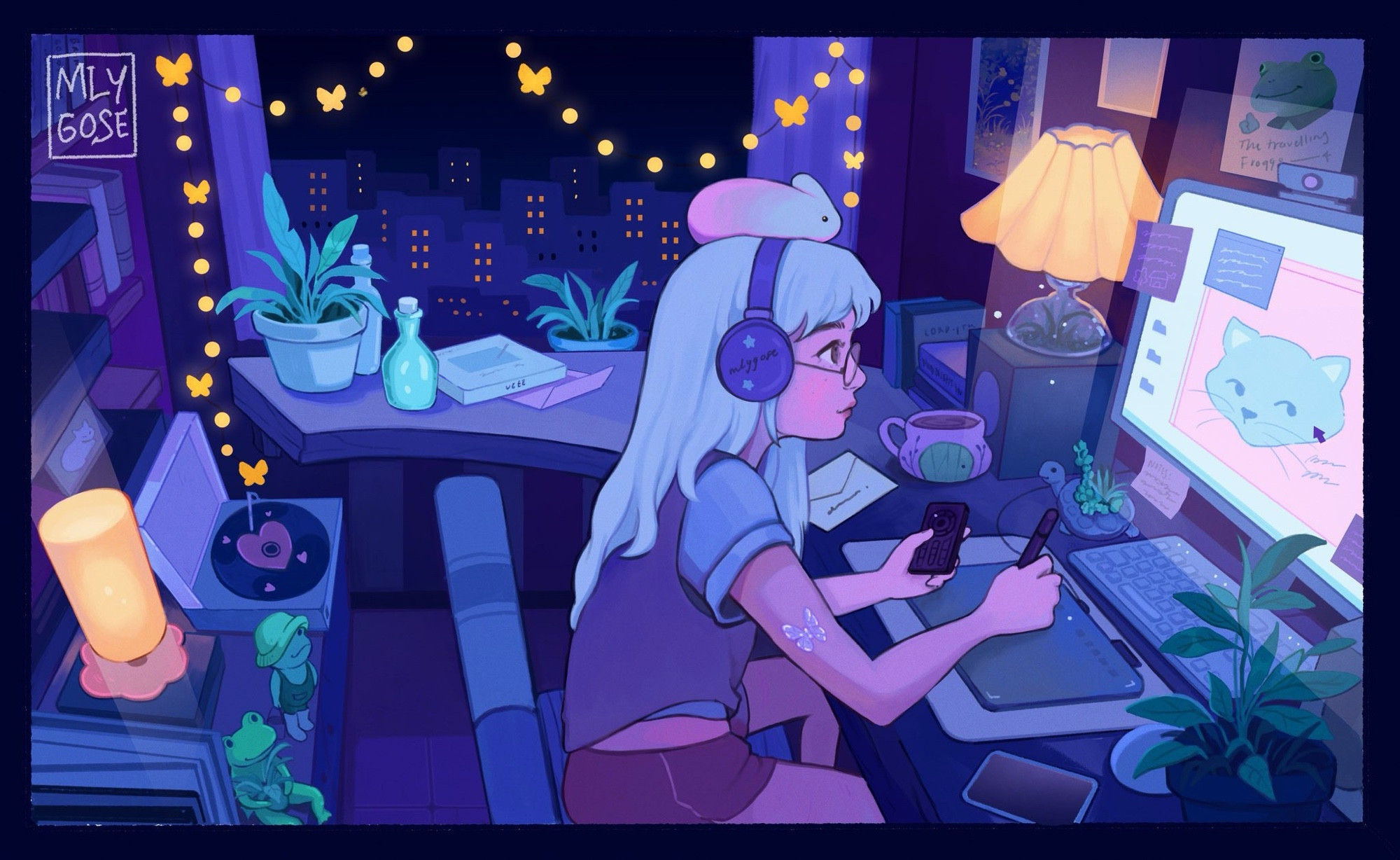 An illustration that shows a girl drawing in her room. The room is dark with purple and blue color except for a few glowing objects that illuminate the environment such as the monitor, the butterfly fairy lights and some desi lamps. The vibe is very cozy and warm despite the blue and purple color of the artwork. The girl has a content smile on her face. This is a safe space for her. 