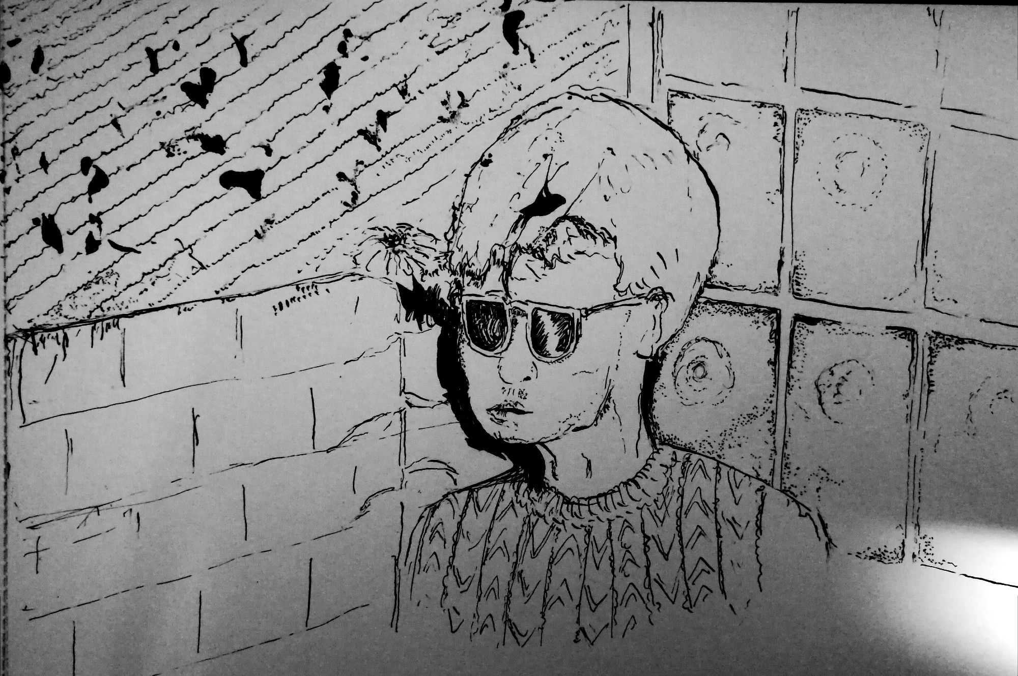 Pen and ink drawing of a guy wearing sunglasses and a ribbed wooly jumper standing next to a block wall and sunflower with a window made of small panels of glass behind him