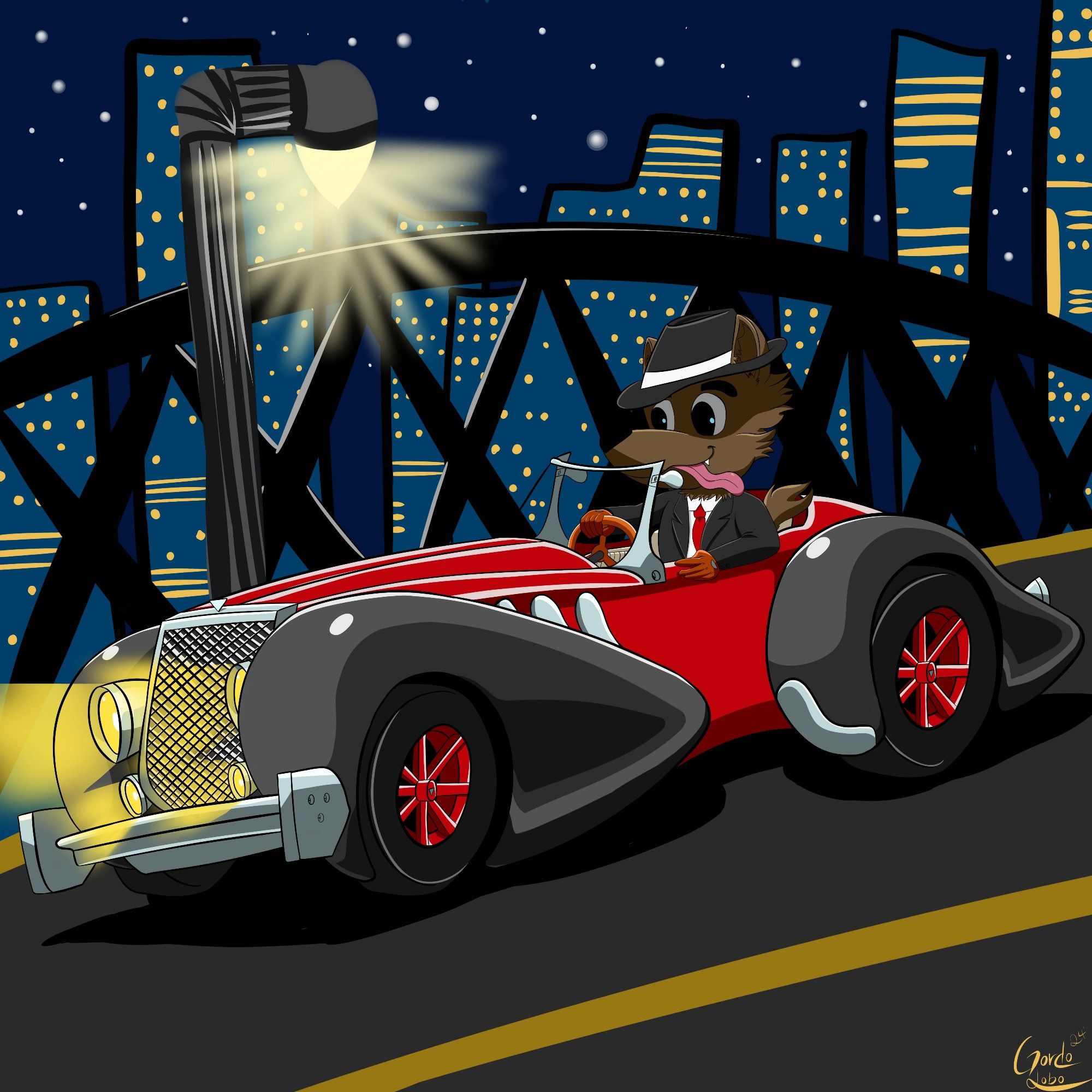 Furry boye driving through the midnight on a 30's sports car