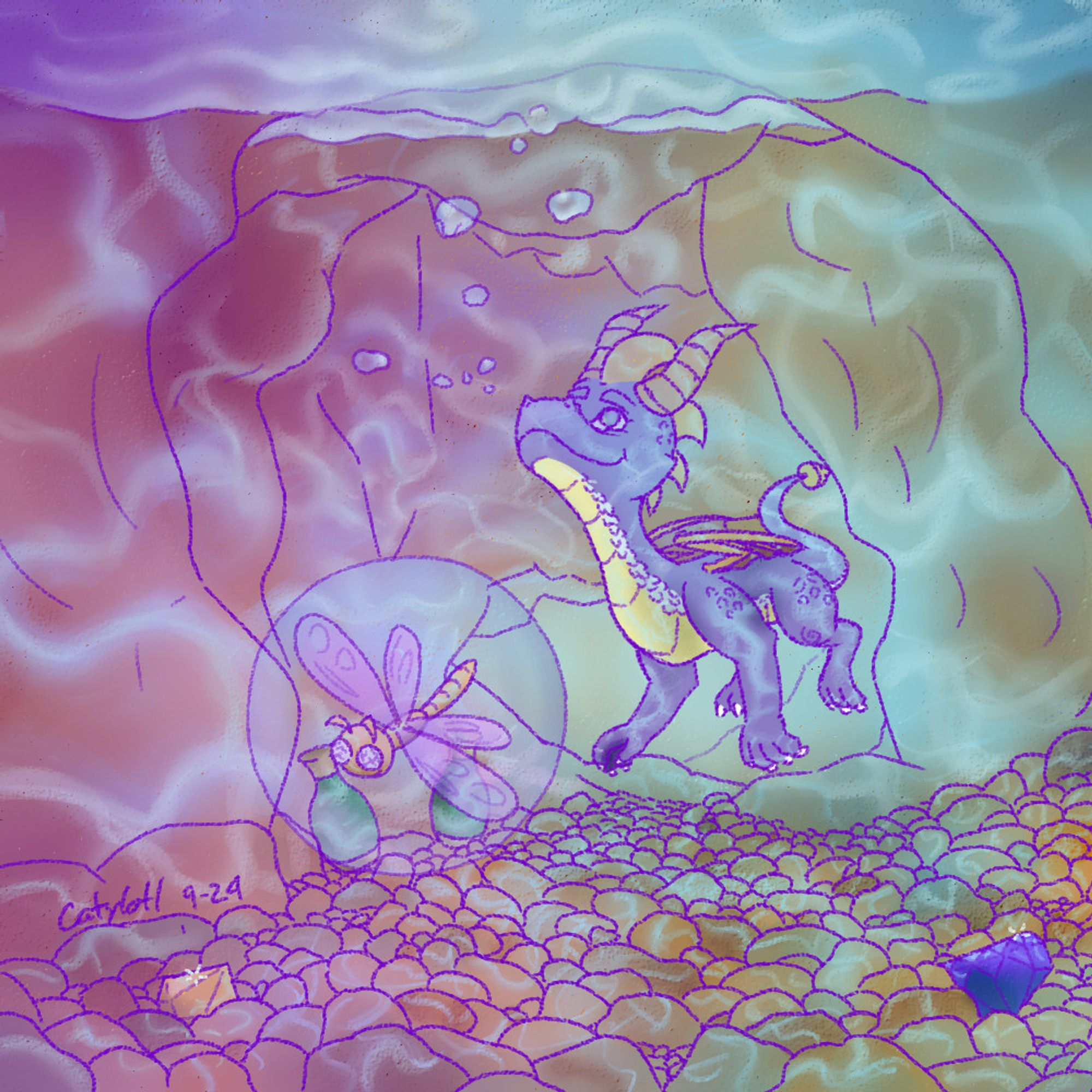 Spyro and Sparx swimming in an underwater cave. The bottom of the cave is covered in pebbles and a couple gems and jars. Spyro is watching bubbles float up and join a small air pocket at the top of the cave.