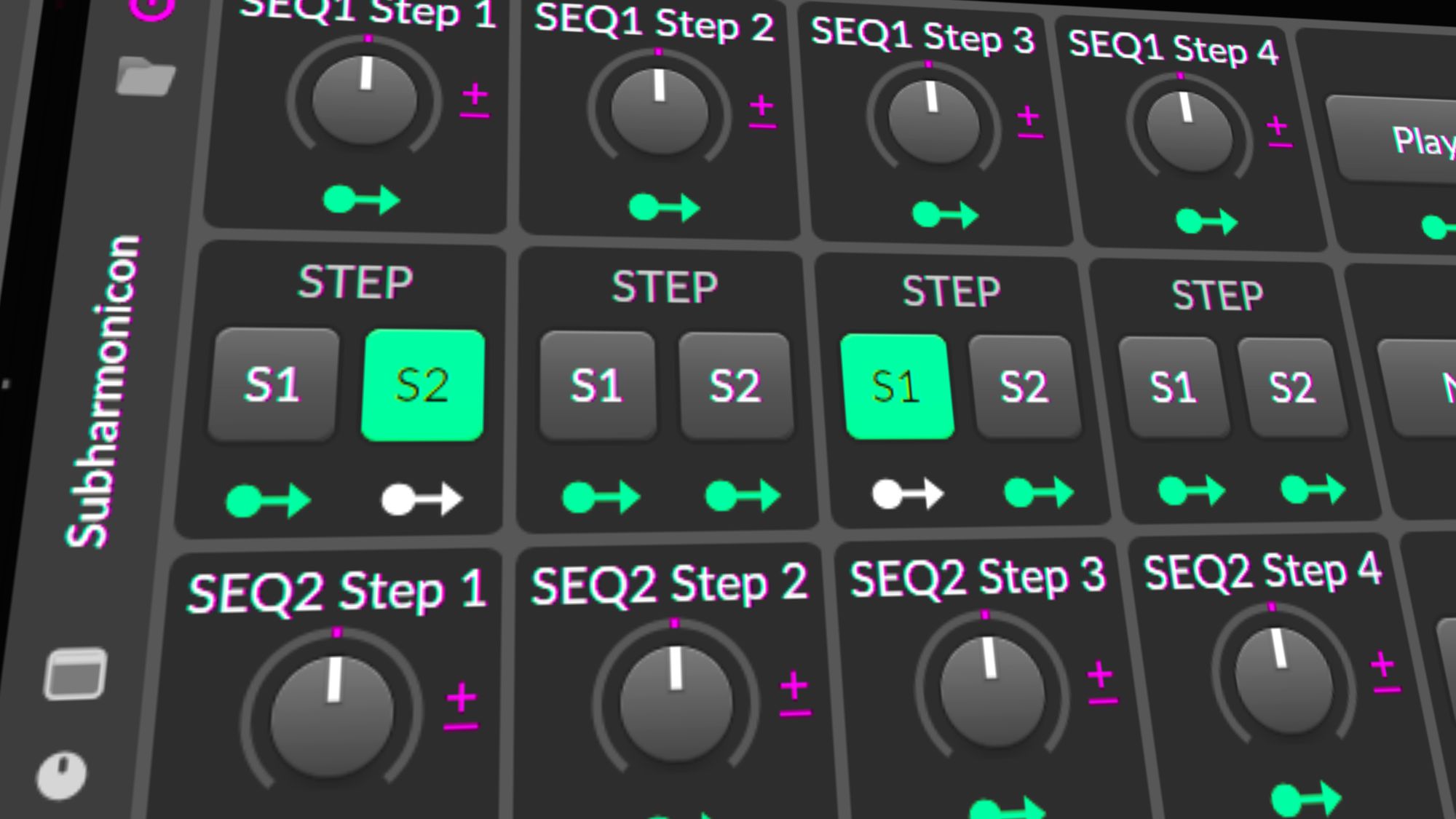 The image shows a close-up view of a sequencer interface, labeled "Subharmonicon." It includes multiple sequencer steps labeled "SEQ1 Step 1," "SEQ1 Step 2," etc., each with rotary knobs and buttons for selecting between different steps ("S1," "S2") and controls for step direction. The interface is predominantly black with green and pink text and indicators.