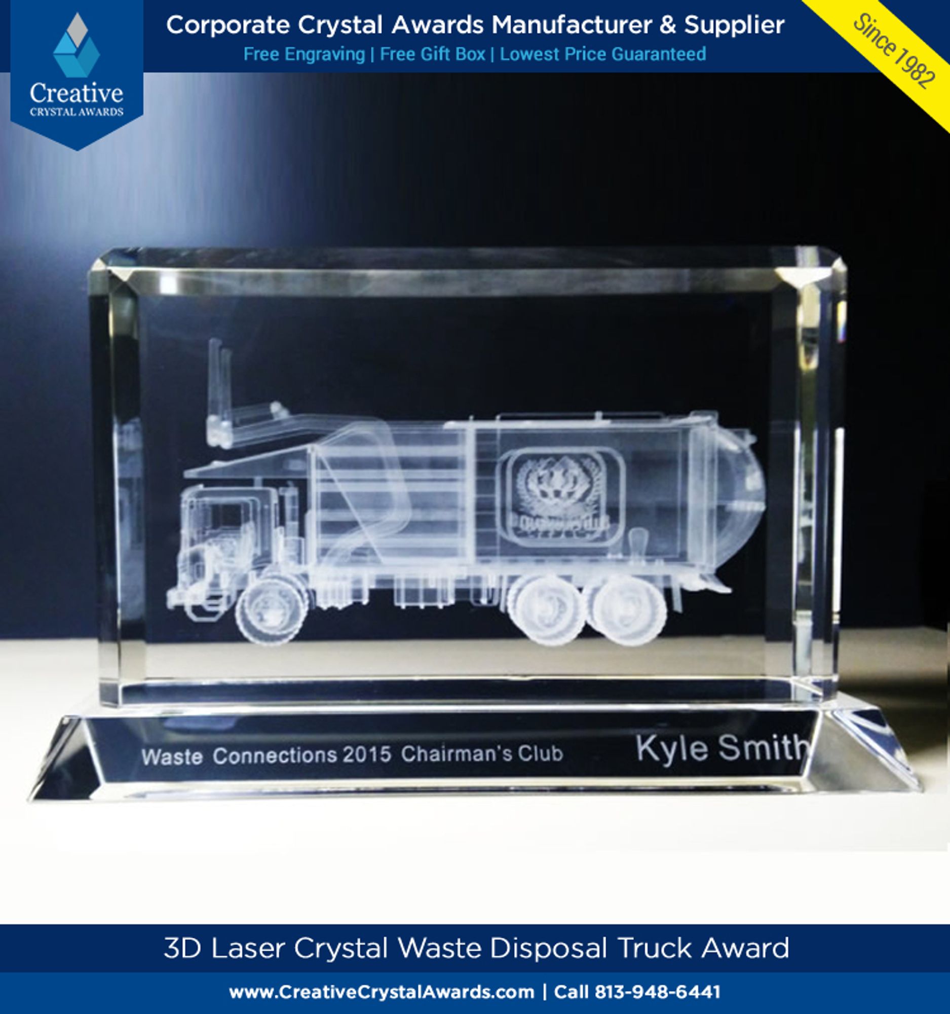 3d laser crystal waste disposal truck award, 3d crystal garbage truck award, 3d crystal award, crystal awards for waste management company, waste industry award, crystal award 3d, 3d crystal truck award, truck driver award, wholesale crystal awards supplier in USA