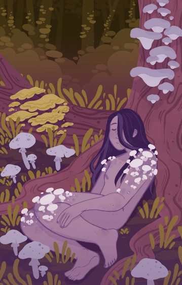 An illustration that depicts a figure sitting by a tree. they are covered in mushrooms .