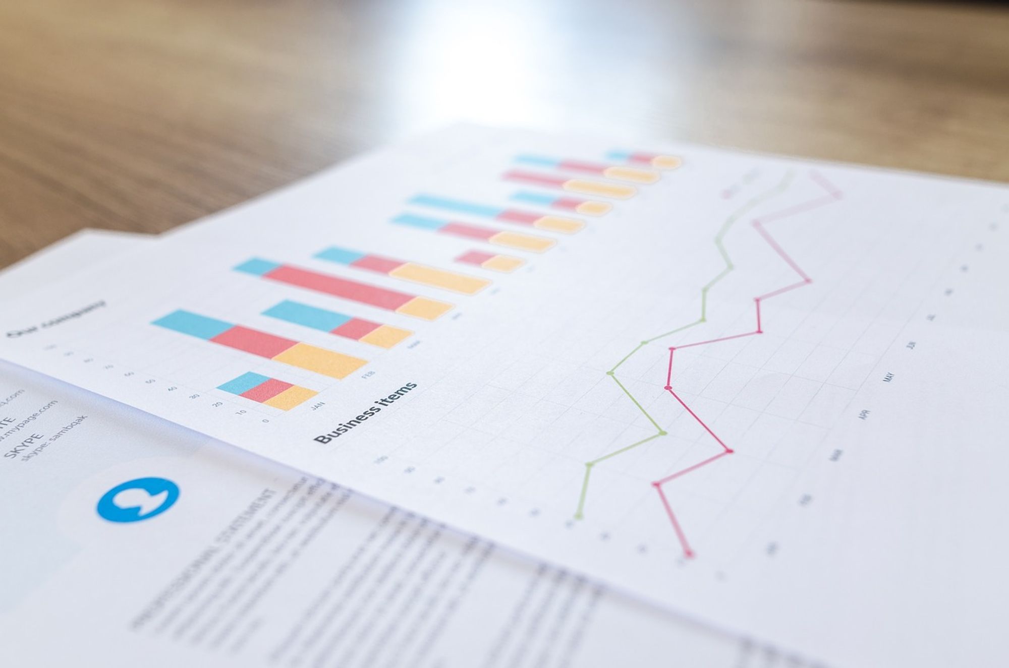 Ein gedrucktes Papier zeigt bunte Balkendiagramme und ein Liniendiagramm, die Datenanalysen oder einen Geschäftsbericht darstellen. Das Balkendiagramm hat mehrere Balken in verschiedenen Farben, die möglicherweise unterschiedliche Kategorien oder Zeiträume repräsentieren. Das Liniendiagramm hat zwei Linien in Rot und Grün, die Veränderungen über die Zeit oder den Vergleich zweier Datensätze darstellen könnten. Unten links auf dem Papier befindet sich ein kleines rundes Logo.