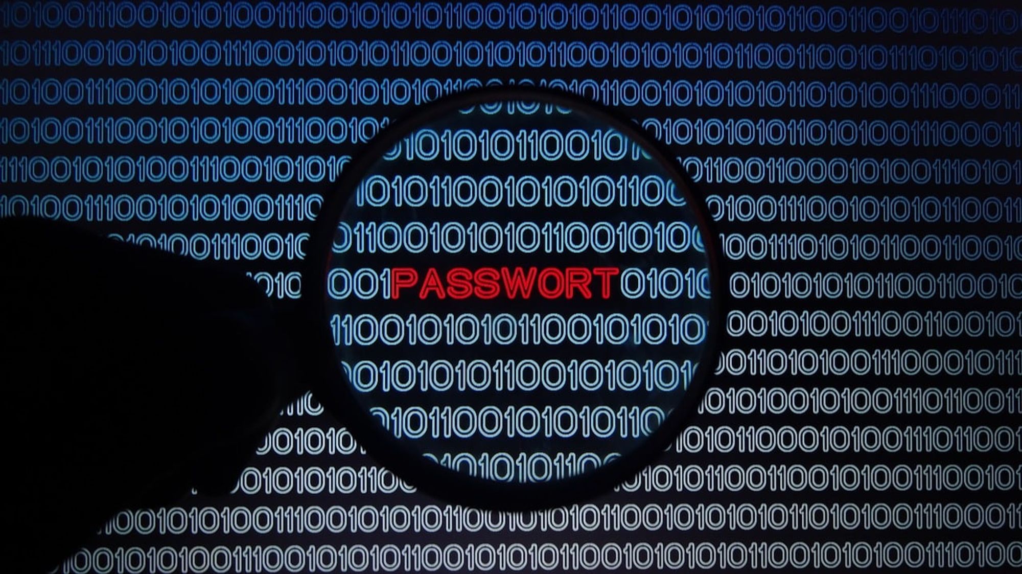 Eine Lupe fokussiert auf den roten Text 'PASSWORD' vor einem Hintergrund aus binärem Code (blauen '0' und '1'), was auf Themen wie Cybersicherheit, Datenschutz oder digitale Forensik hinweist.