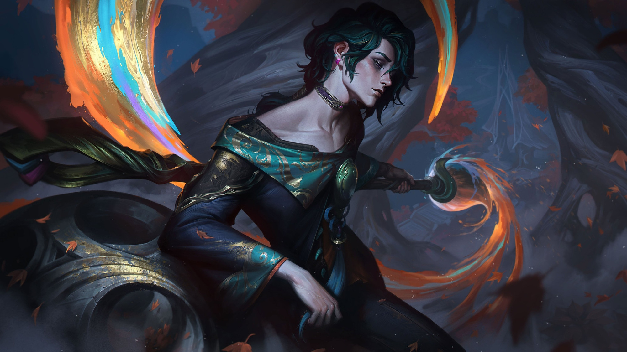 Hwei's splash art, featuring extremely crisp colors and rendering as he leans on an orb and directs magic paint with his brush