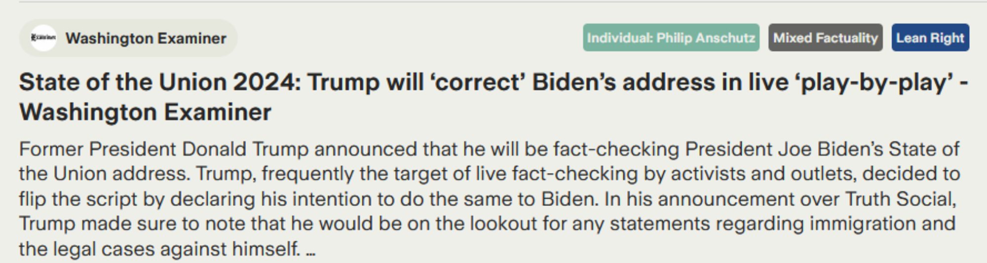 Screenshot of an article headline saying Trump will do a "play-by-play" reaction to Biden's state of the union.