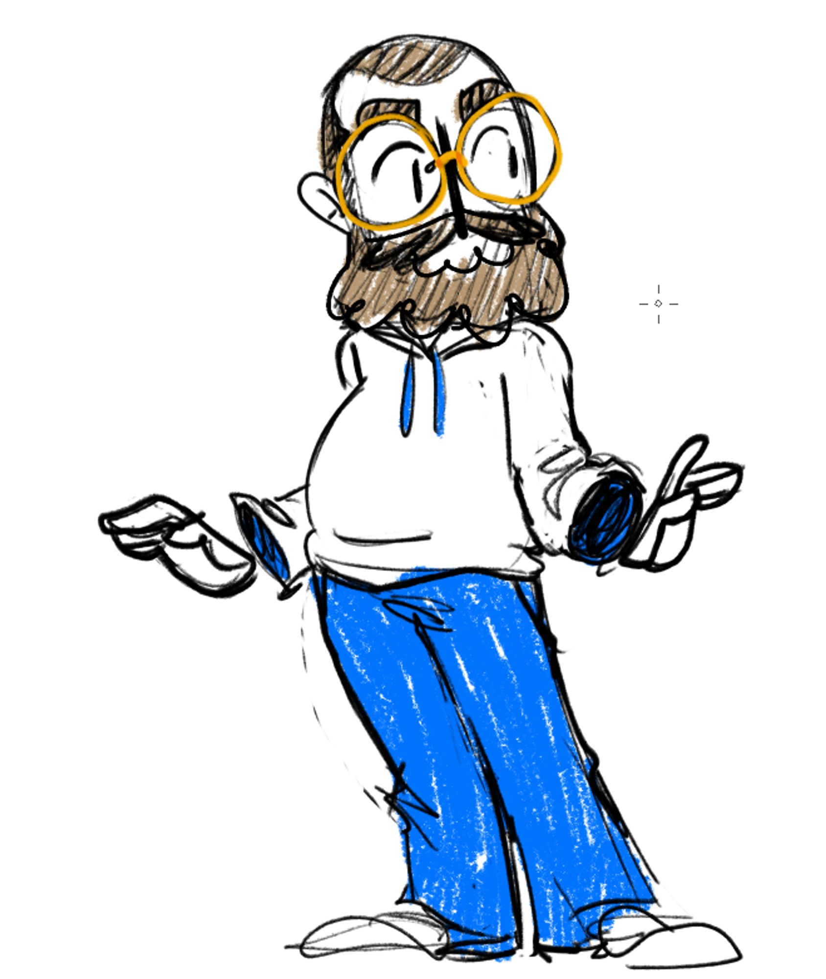 a rendering of my avatar, looking inquisitively to one side. he's a pure white person in a pure white hoodie with blue hood drawstrings, and blue jeans. He is bald/extremely short haired with a big beard and golden glasses. his hands float disconnected from the sleeves of his hoodie.