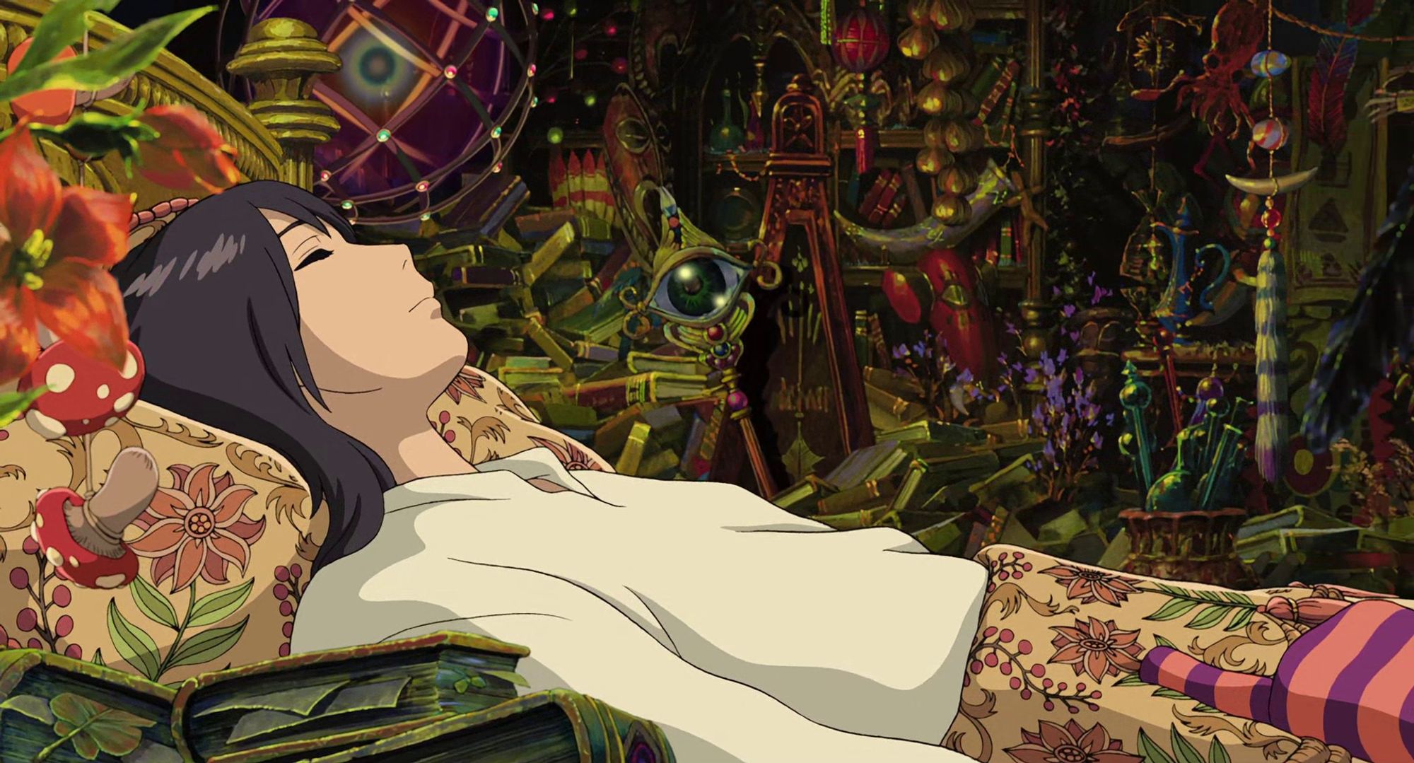 Screenshot from Howl's Moving Castle showing Howl's room absolutely stuffed to the gills with strange trinkets, jewelry and artifacts.