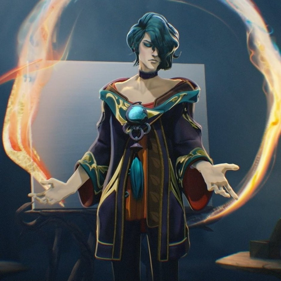 Screenshot from the Hwei reveal trailer where he stands in front of a canvas, trailing magic paint