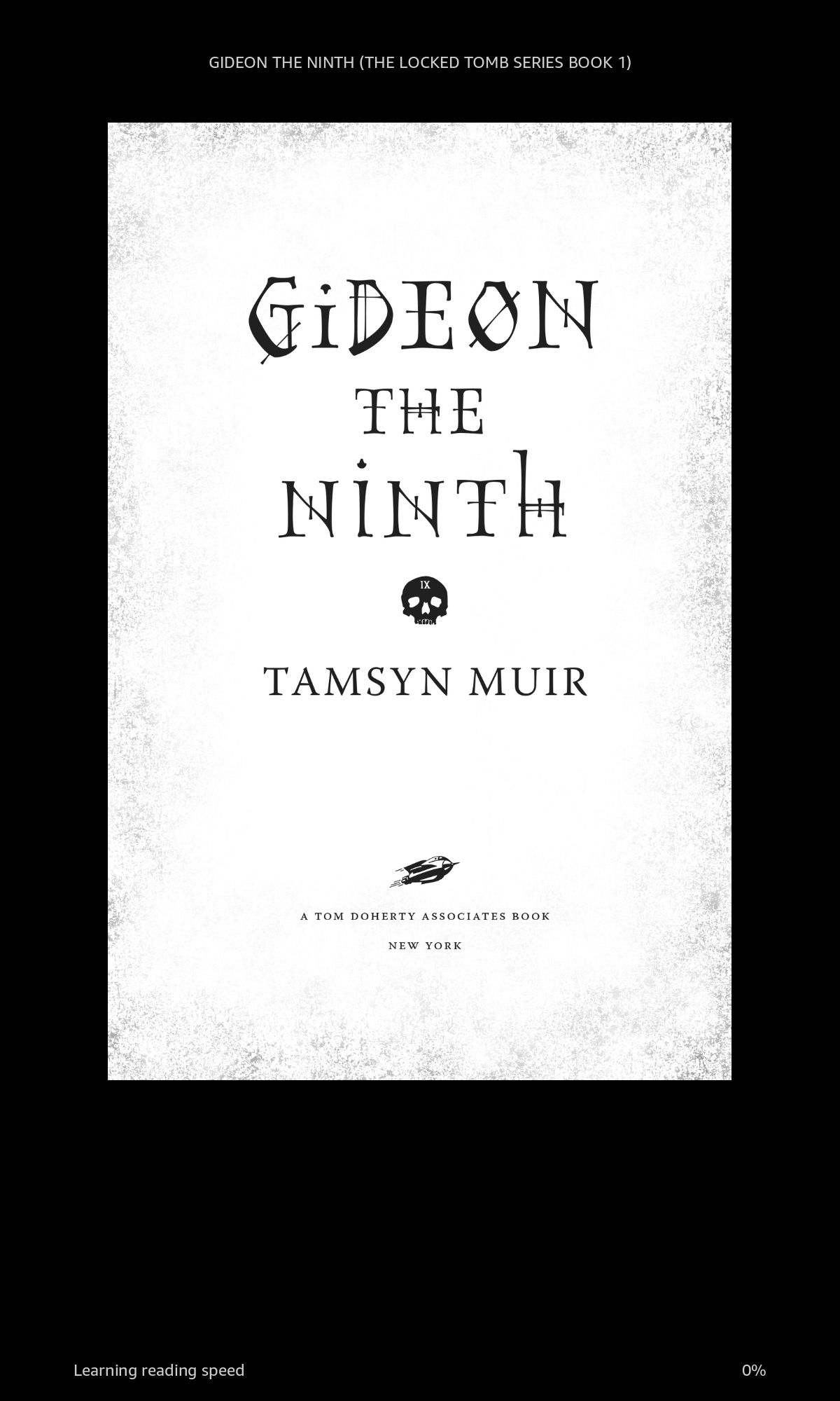 Kindle screenshot of Gideon the Ninth, first book in the Locked Tomb series