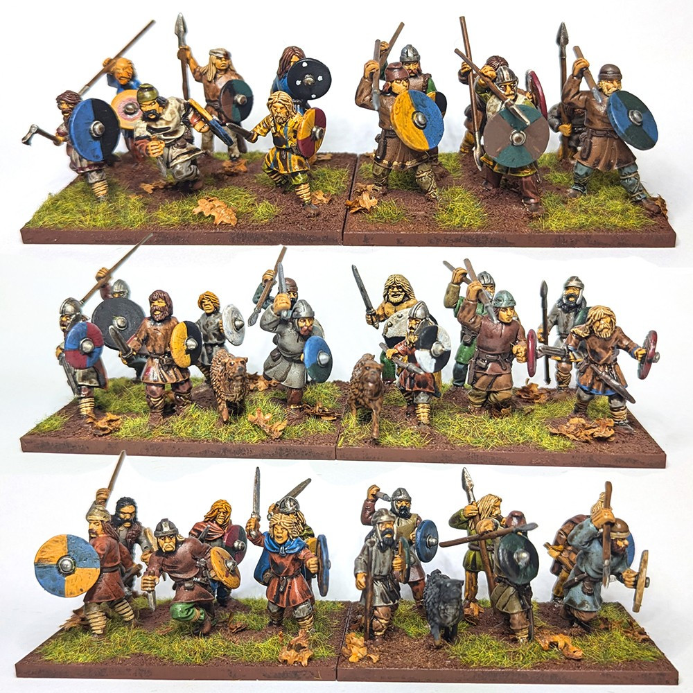 Early Saxons. The figures are a mix of Gripping Beast, Footsore, and Casting Room Miniatures. Cornwell-approved wardogs are plastic Wargames Atlantic from their Irish set.