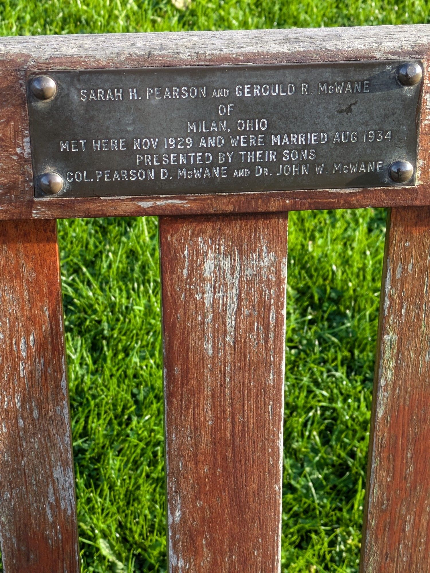 Bench plaque near Haymarket reporting a couple from Ohio met there in 1929 and married in 1934