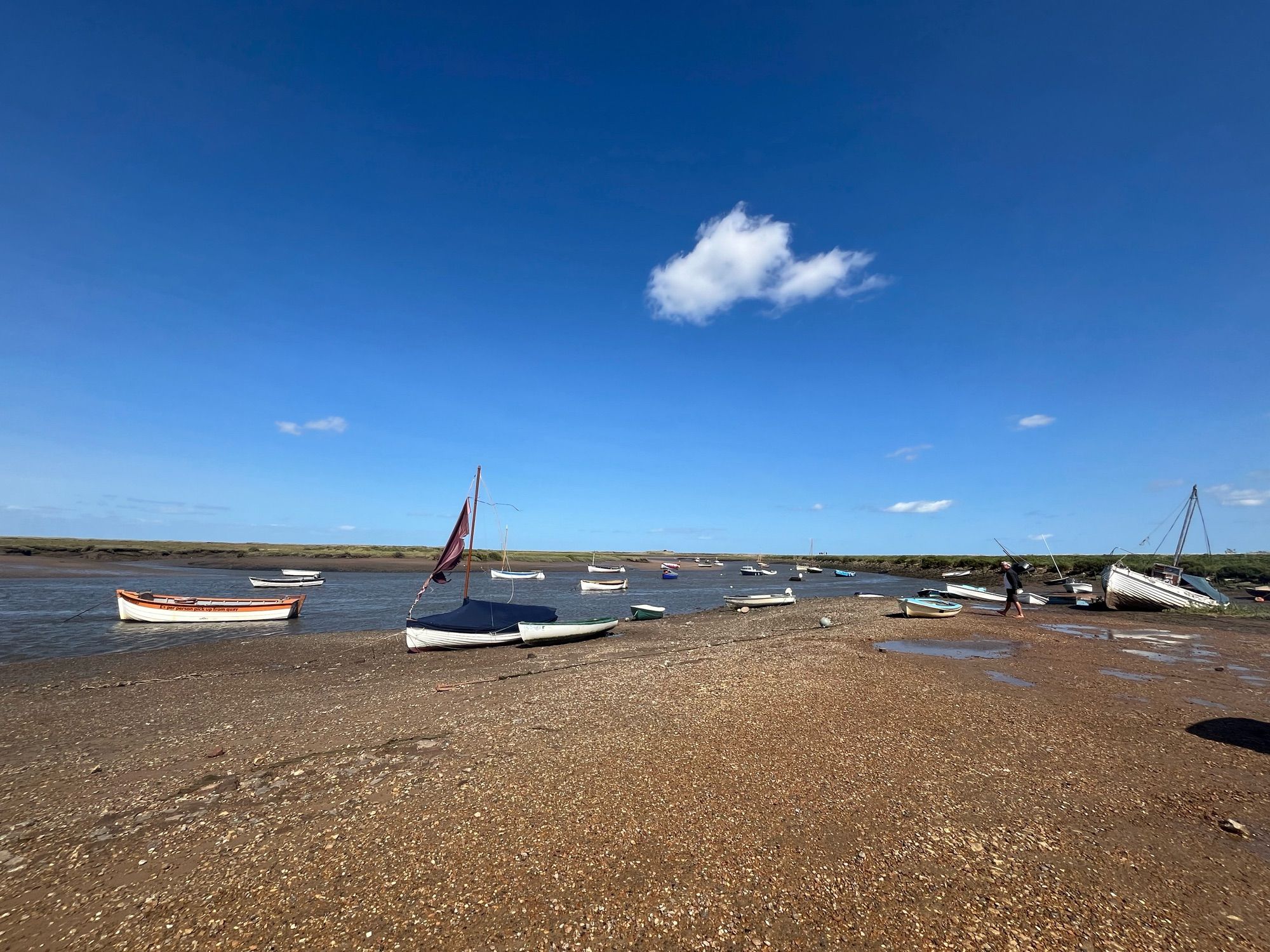 Blue sky over Burnham Overy Staithe as tide goes out