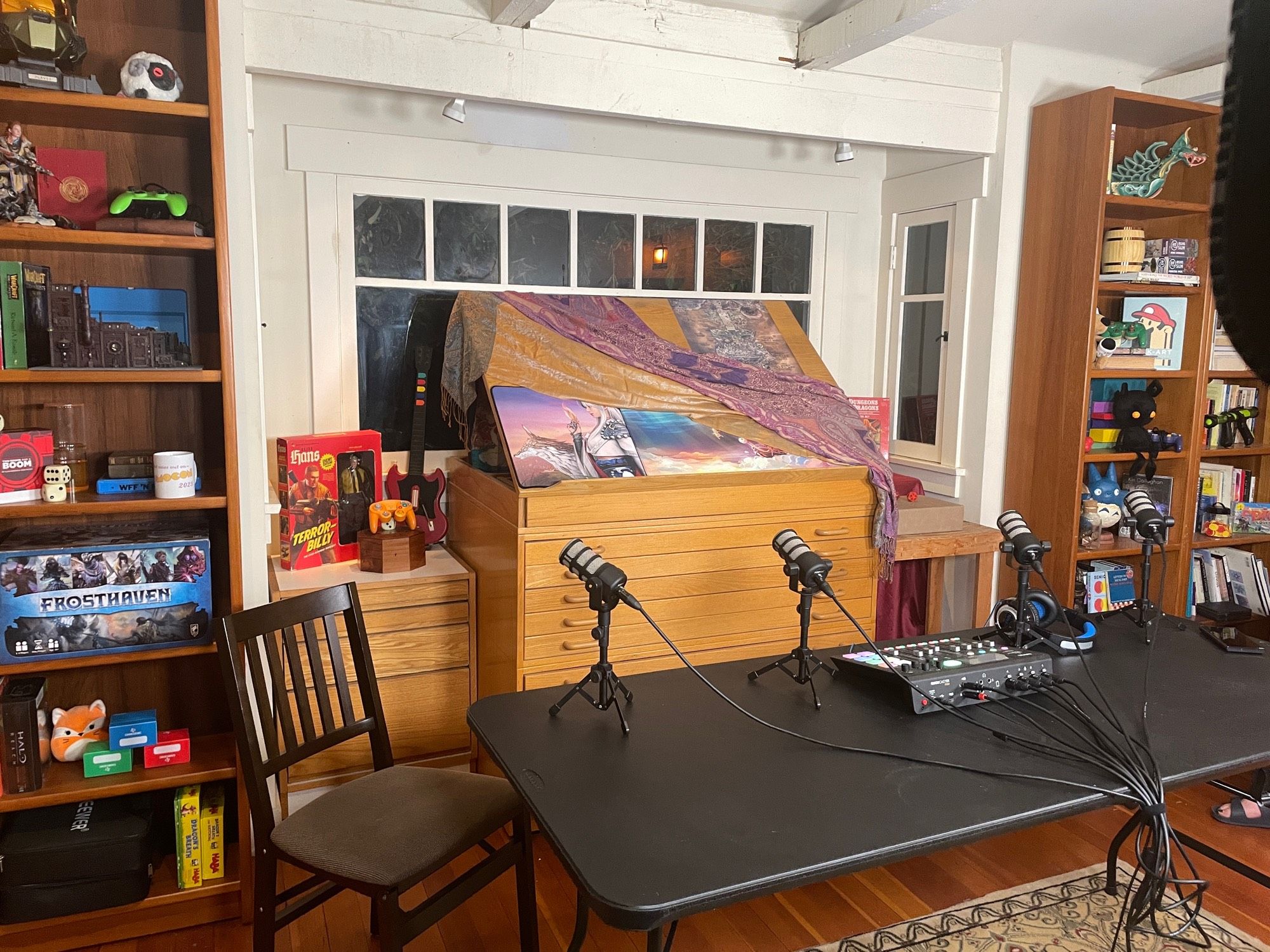 Fully decorated set for the video talk show podcast with geek decor