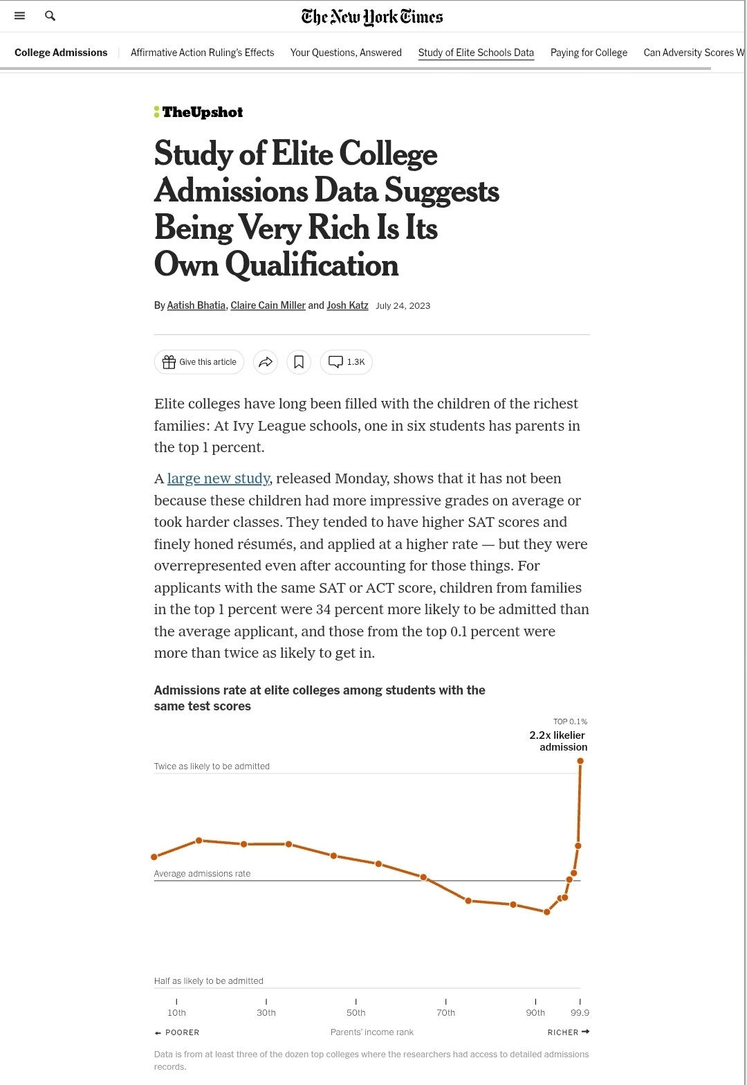 Study of Elite College Admissions Data Suggests Being Very Rich Is Its Own Qualification.