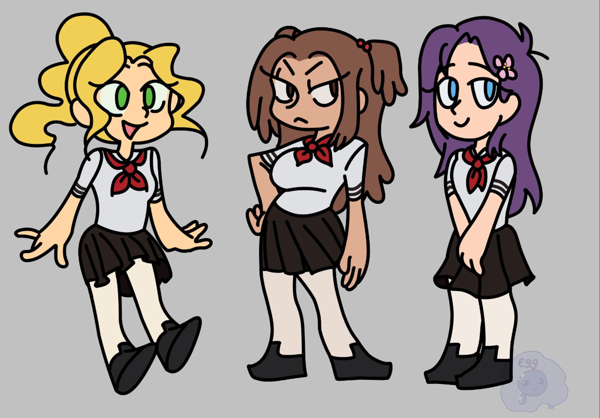 digital artwork of three girls in a loose/toon-ish and chibi style. On the left is Katrina, a girl with blonde, wavy hair in a high ponytail and long bangs. In the middle, Steph(Stephanie), a girl with long brown hair and parts of it in small pigtails, her hand on her hip and looking disinterested, and on the far right, April, a girl with purple hair and a flower in her hair, looking modest with her hands in front of her. All three girls are wearing a sailor uniform with white tops and black skirts with a red kerchief and black shoes.