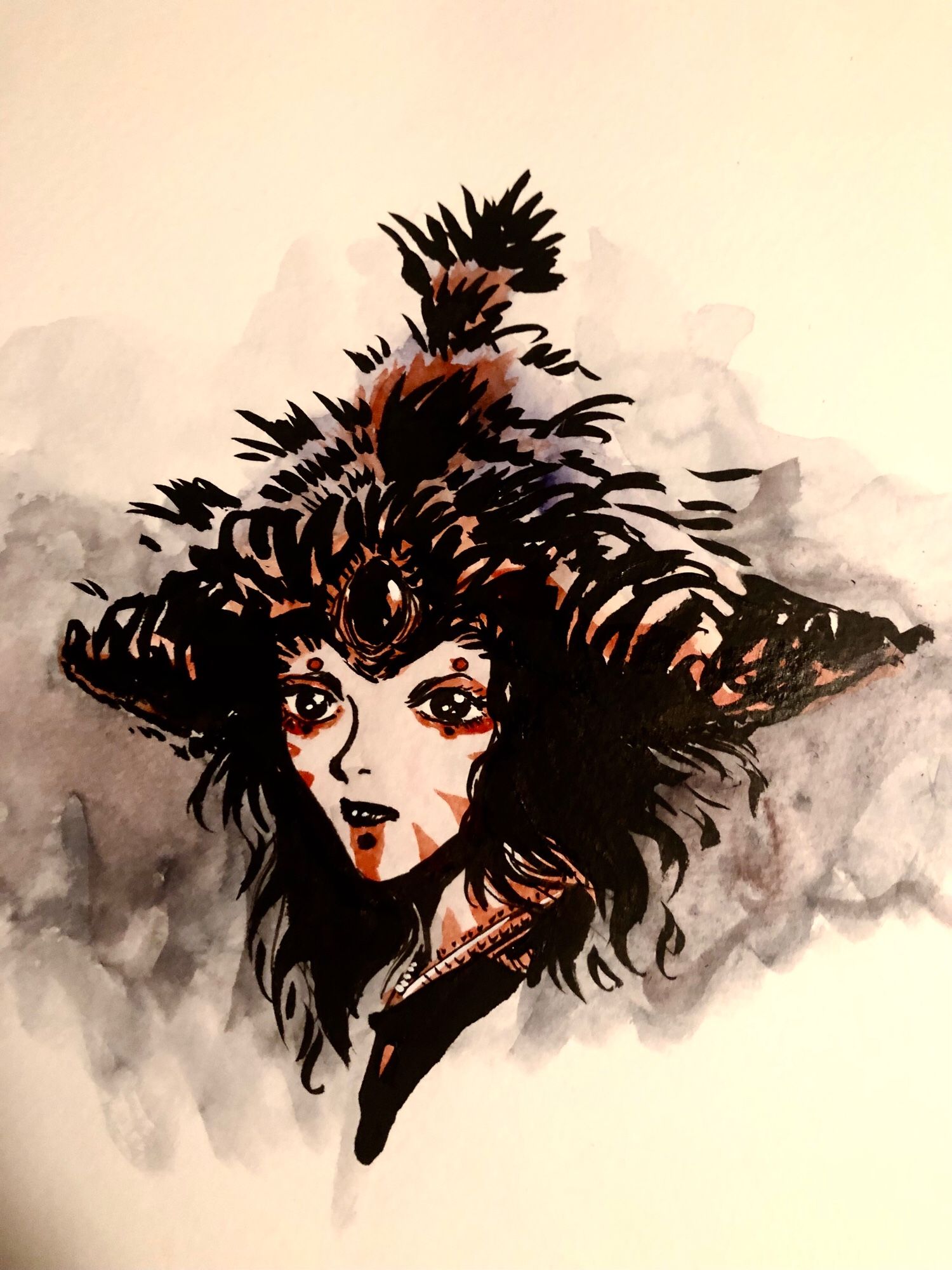 Ink and watercolor portrait of a woman with red face tattoos, a broad headdress with a jewel in the middle