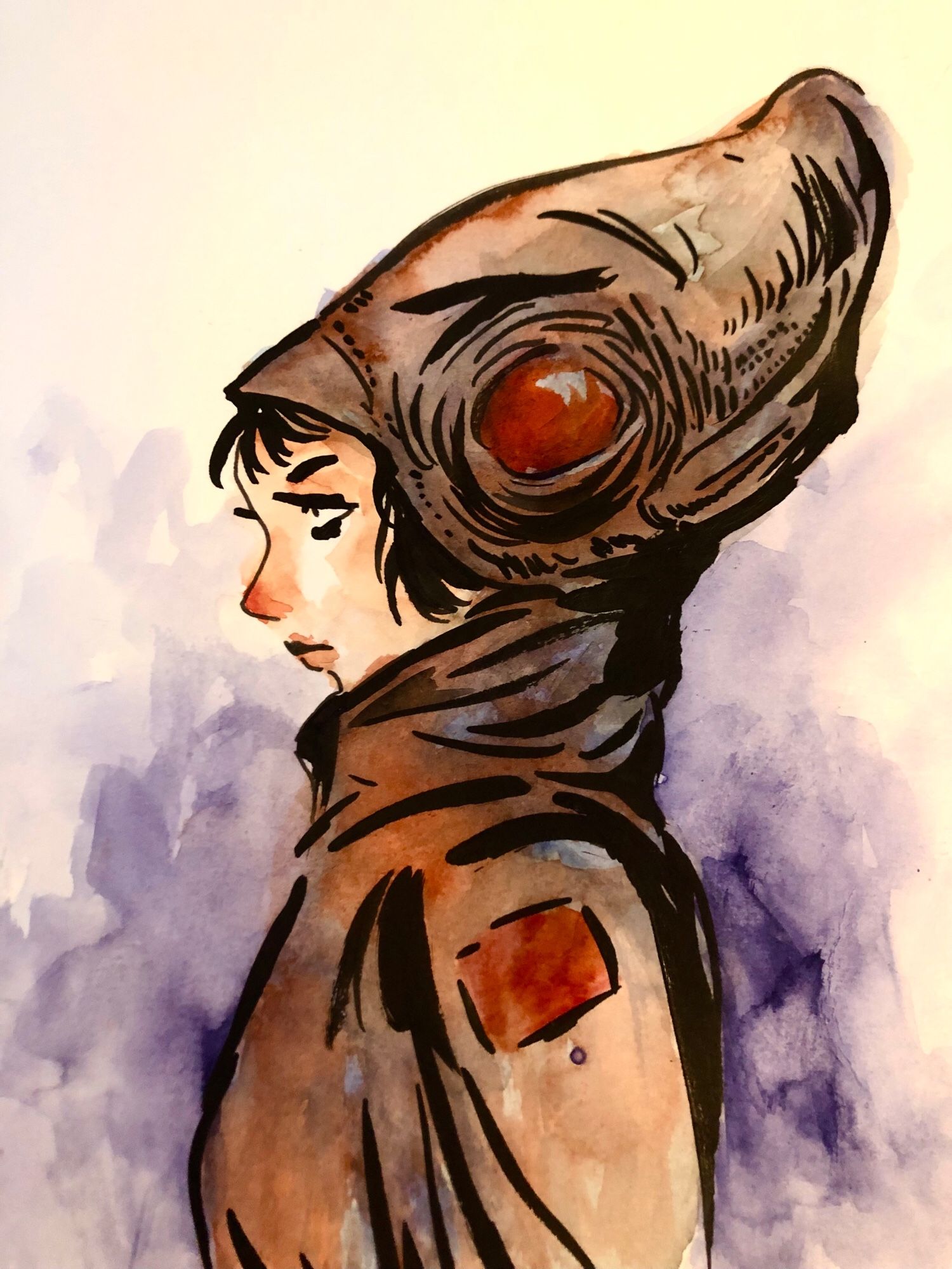 Ink brush and watercolor portrait of a woman wearing durable rust colored work clothes. Except her big hat has a red eye on it.