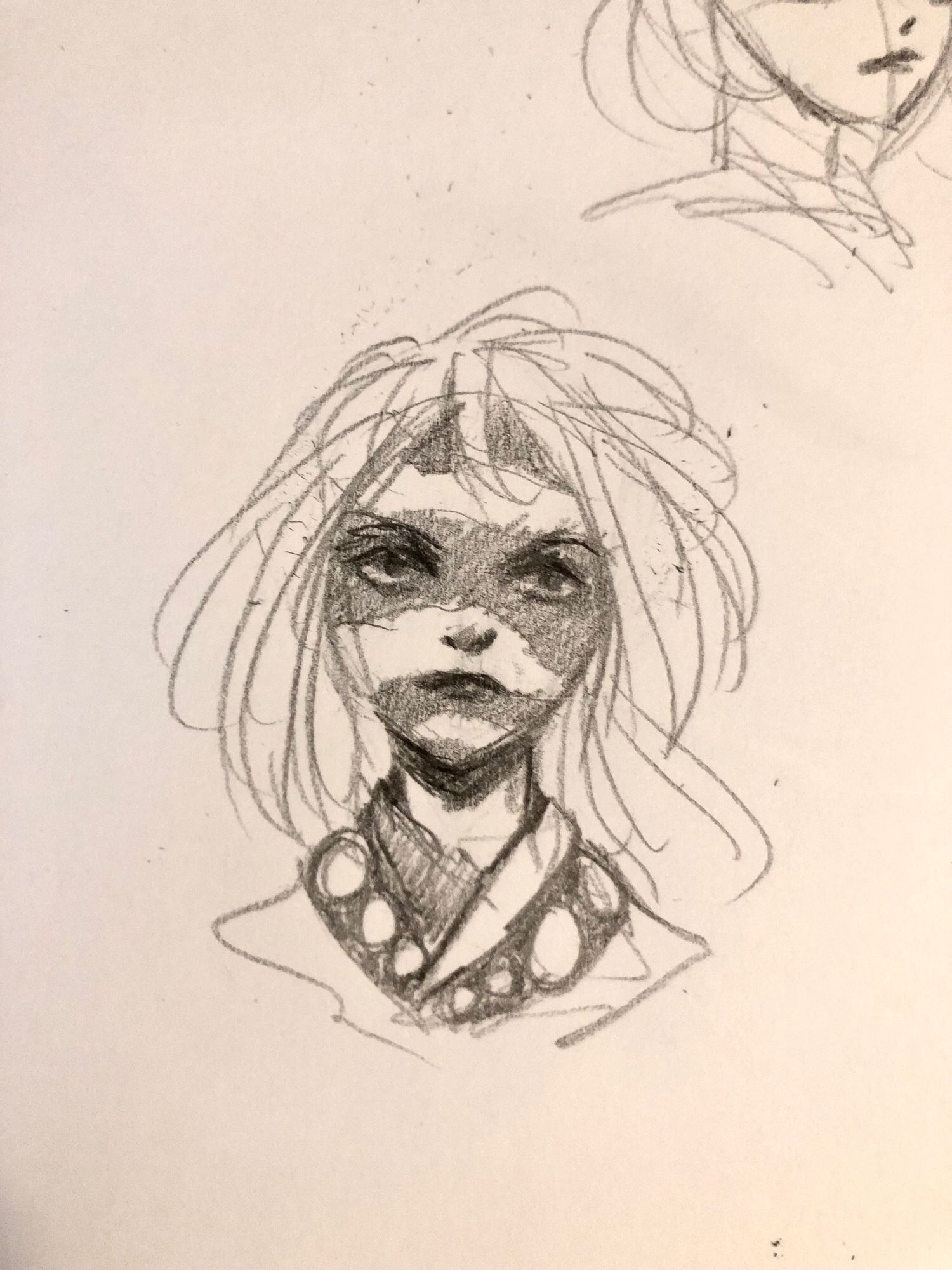 Sketch portrait of a girl with three rough bands of face paint across her face