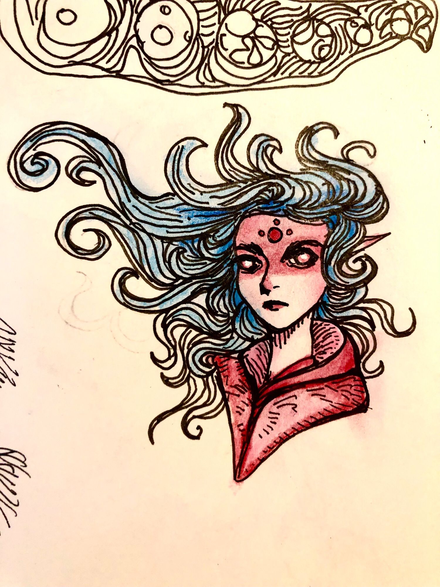 Ink sketch portrait of a woman with flowing blue hair , pink clothing, pointed left ear