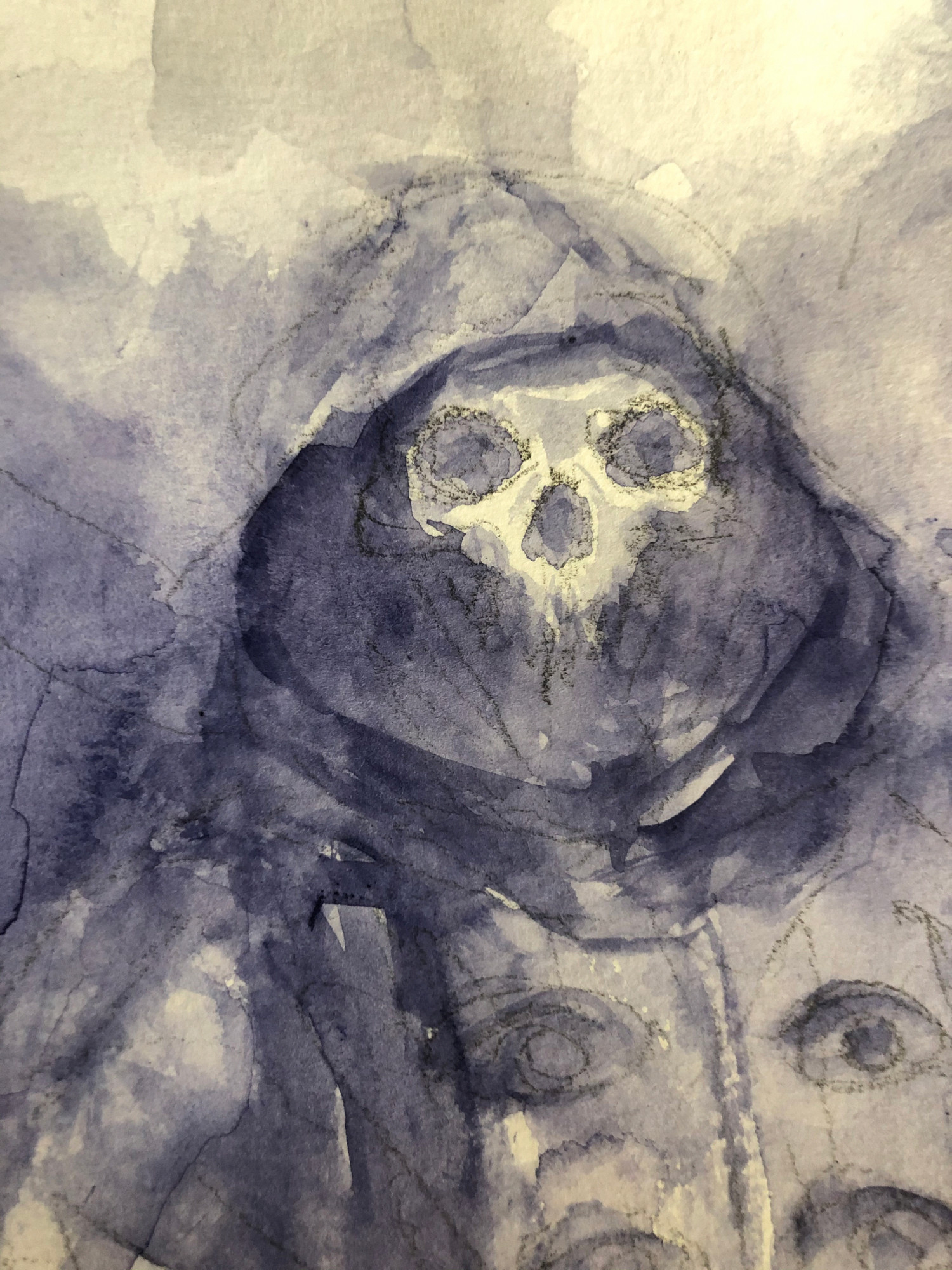 watercolor portrait painting of a skull in a hood, many eyes on it's robe