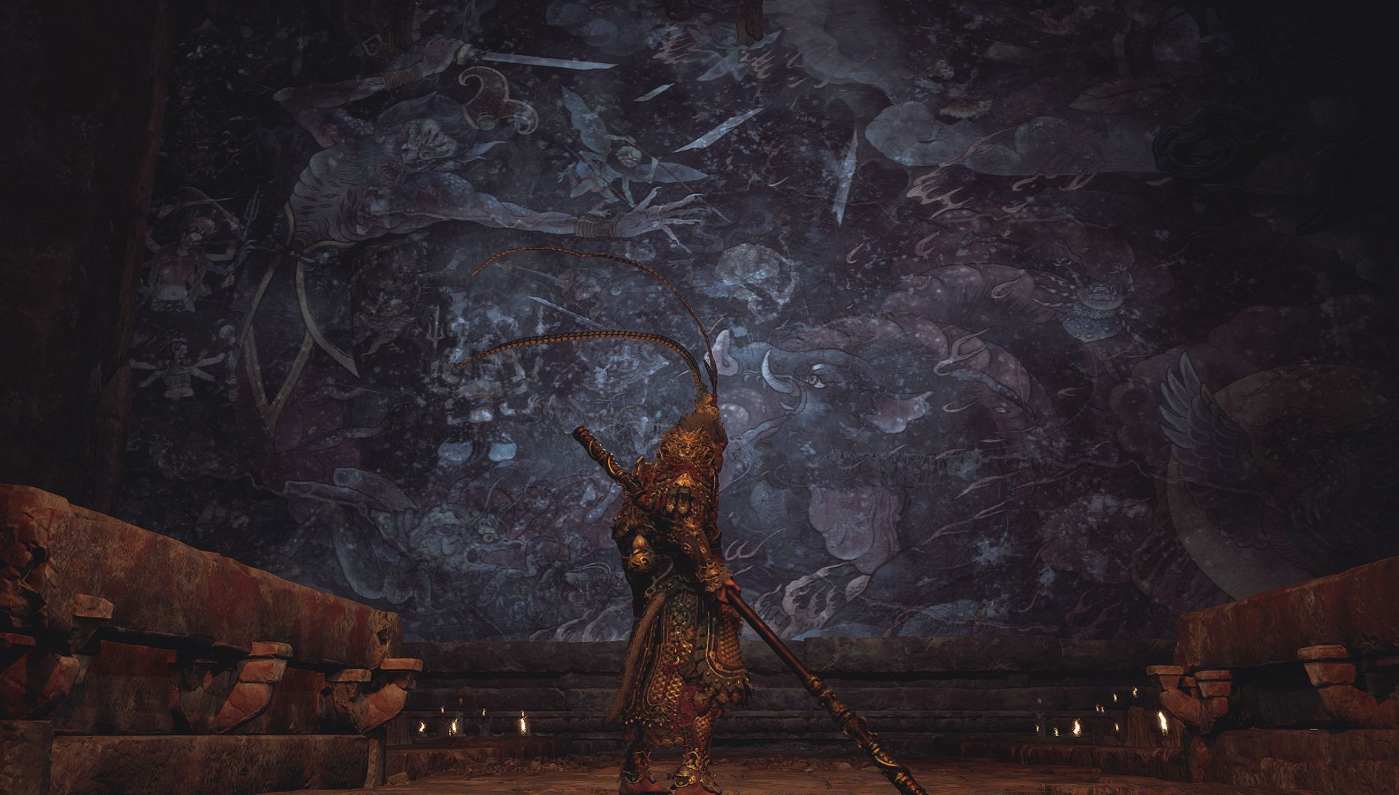 screen cap from Black Myth Wukong, showing wukong mostly facing a massive wall painting.