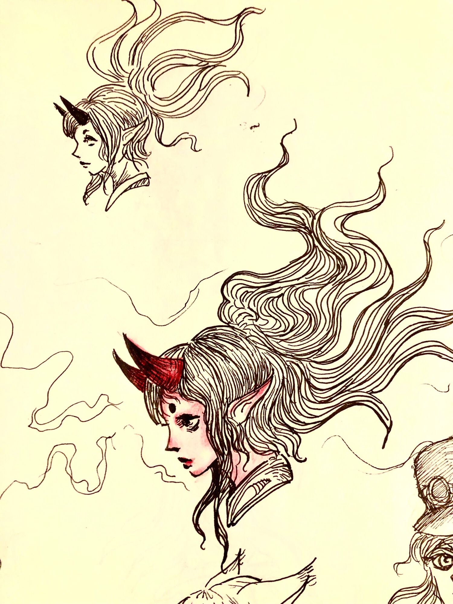 Two sketches of demon girls with flowing hair, foreground girl has red horns