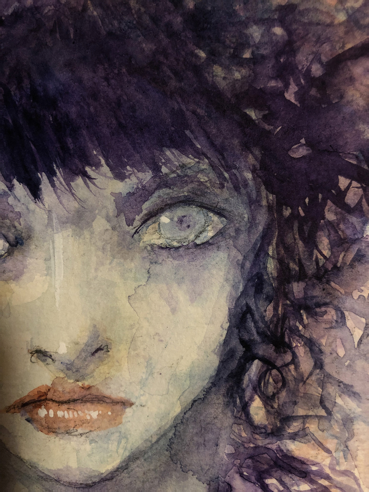 closeup of watercolor portrait painting of a woman, purple hair