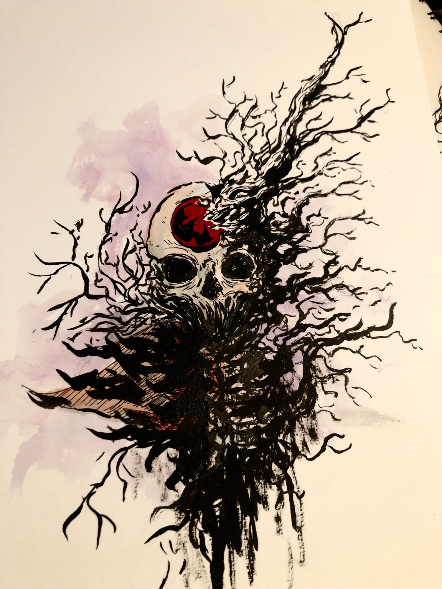 Skeleton torso made up of mostly tangled branches, red circle on skulls forehead