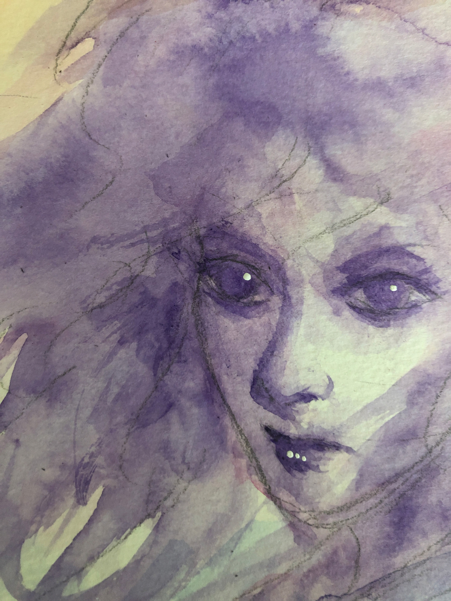 close up of watercolor portrait painting of a woman, dominant color is purple