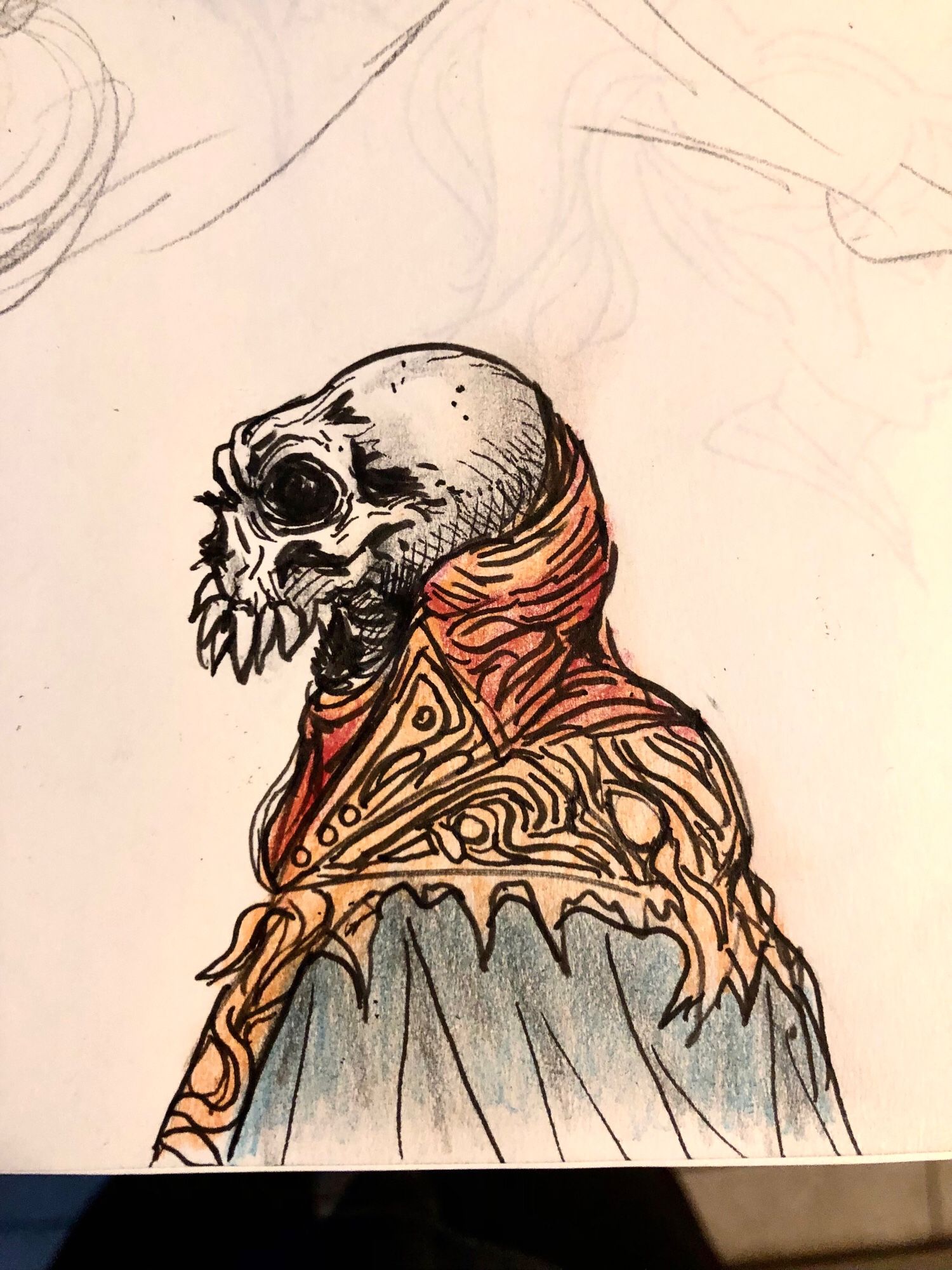 Skull portrait, wearing a robe with half assed ornaments, colors are orange on top, lighter orange in the middle and blue for the cloth on the bottom