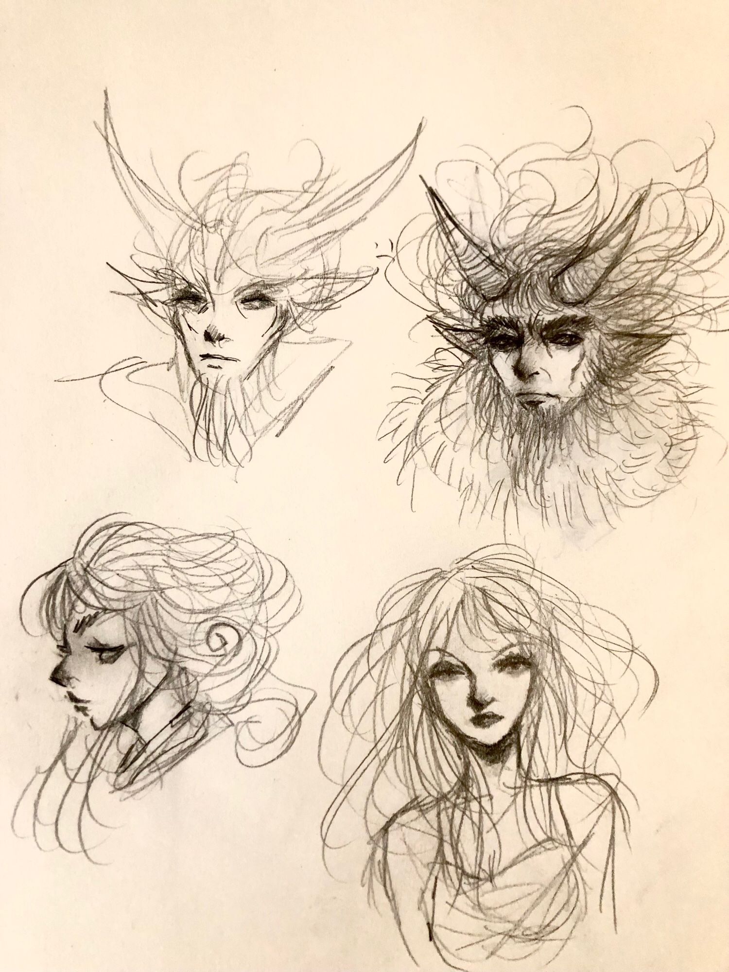 Sketchbook page with four portraits, top two are goat men, bottom two are of women