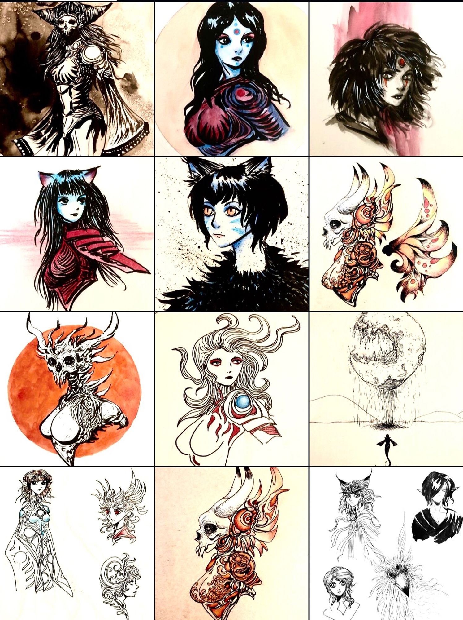 Screen shot of my work, 12 pieces in total, showing ink and mixed media portraits.