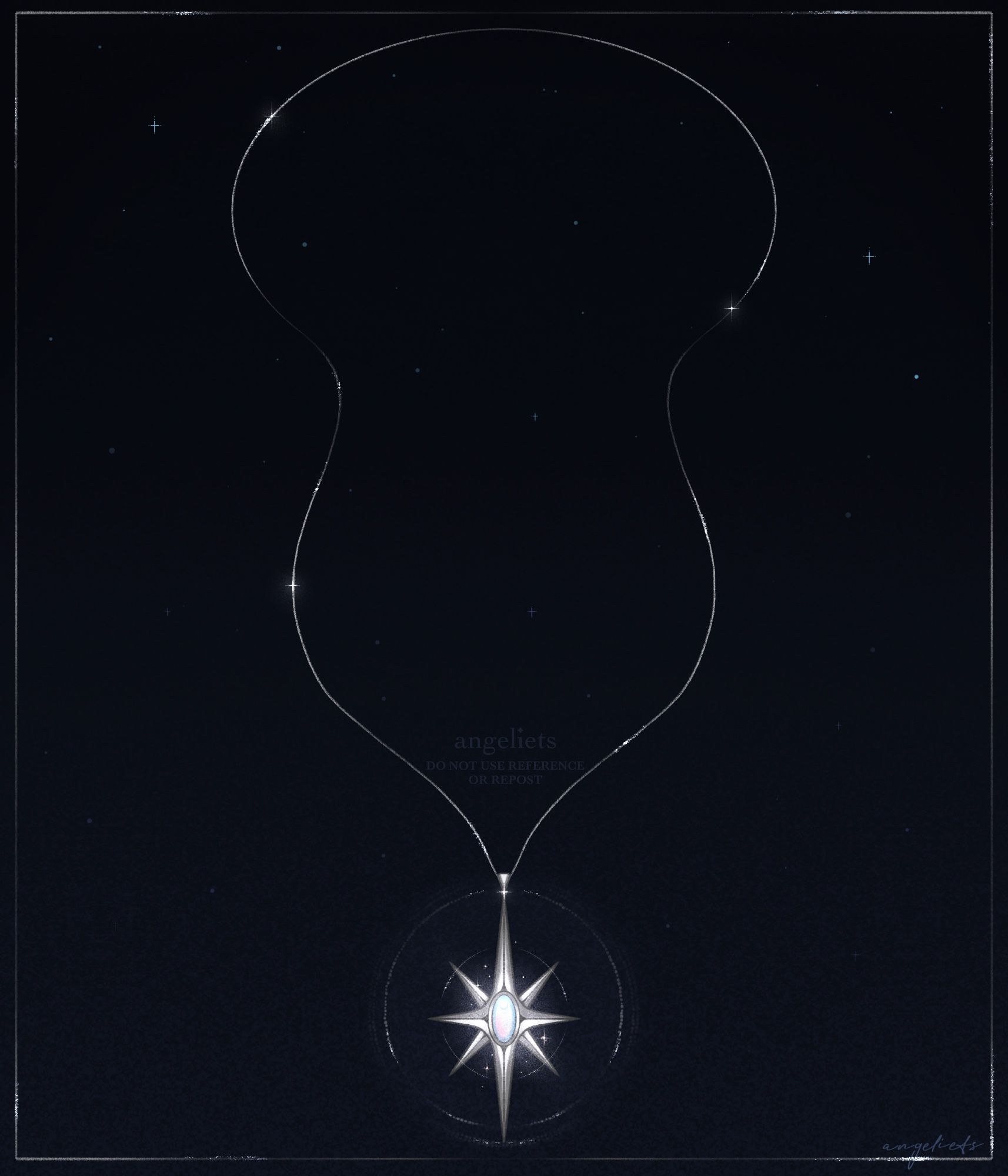 Original drawing of a star-shaped necklace, with glowing rings of light around it against a starry night sky.