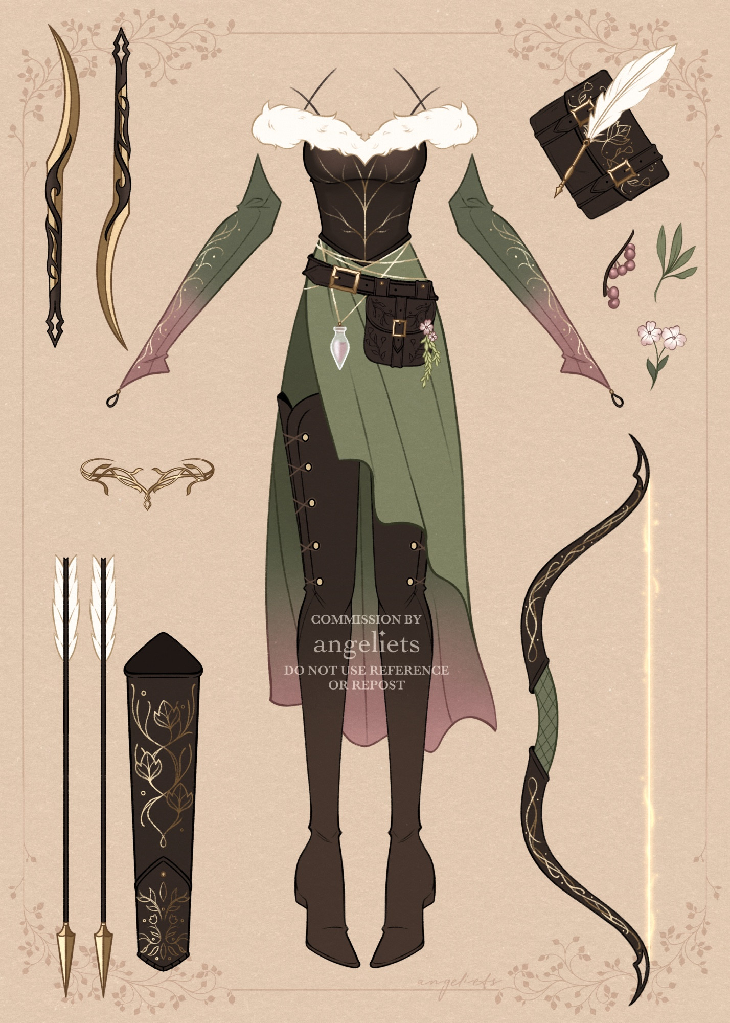 Outfit design commission for a female druid original character. Includes her inventory of: a bow and arrows, twin daggers, a circlet, herbs, and a notebook with a feather quill.