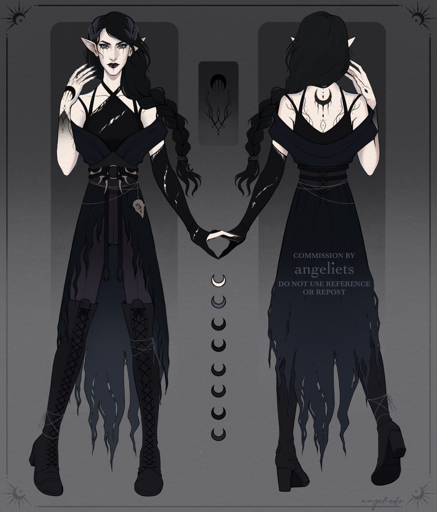 Original artwork of a pale elven female character with long black hair in a braid. Her clothing is darkly shaded and tattered in places, with animal bones fashioned into belts around around her waist. Black, ink-like liquid drips from her eyes and lips, emulating running makeup. Tattoos twisting into the shapes of half moons and dark tendrils cover her right hand and arm, and her exposed upper back.